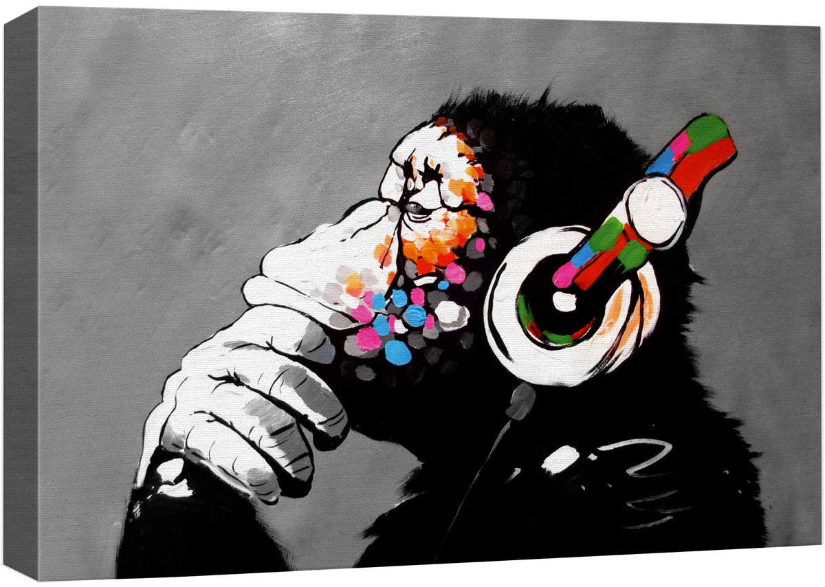 Signwin Framed Canvas Wall Art Banksy Thinking Monkey With Headphones Graffiti & Street Art Famous People Pop Art Modern Urban M