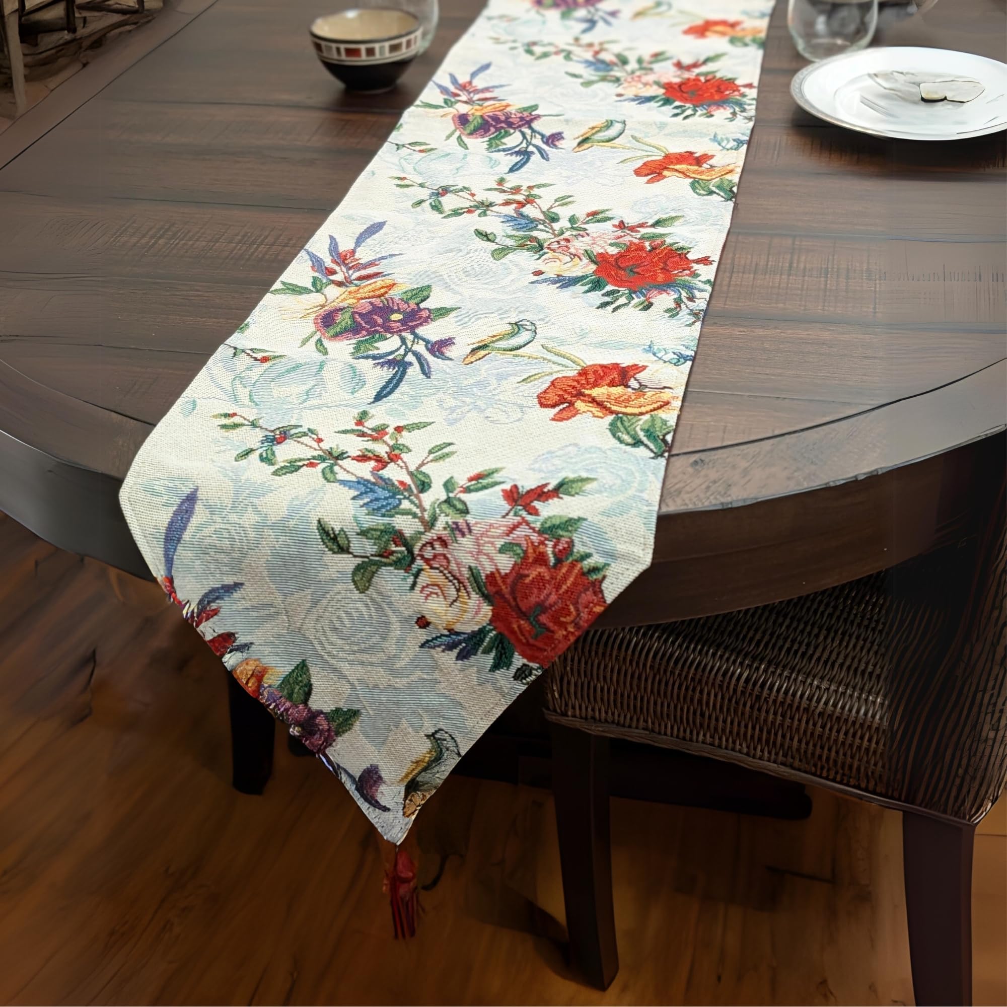 Dada Bedding Elegant Floral Blue Roses Tapestry Table Runner - Tropical Paradise Exotic Botanical Flowers Birds Nature Garden Be