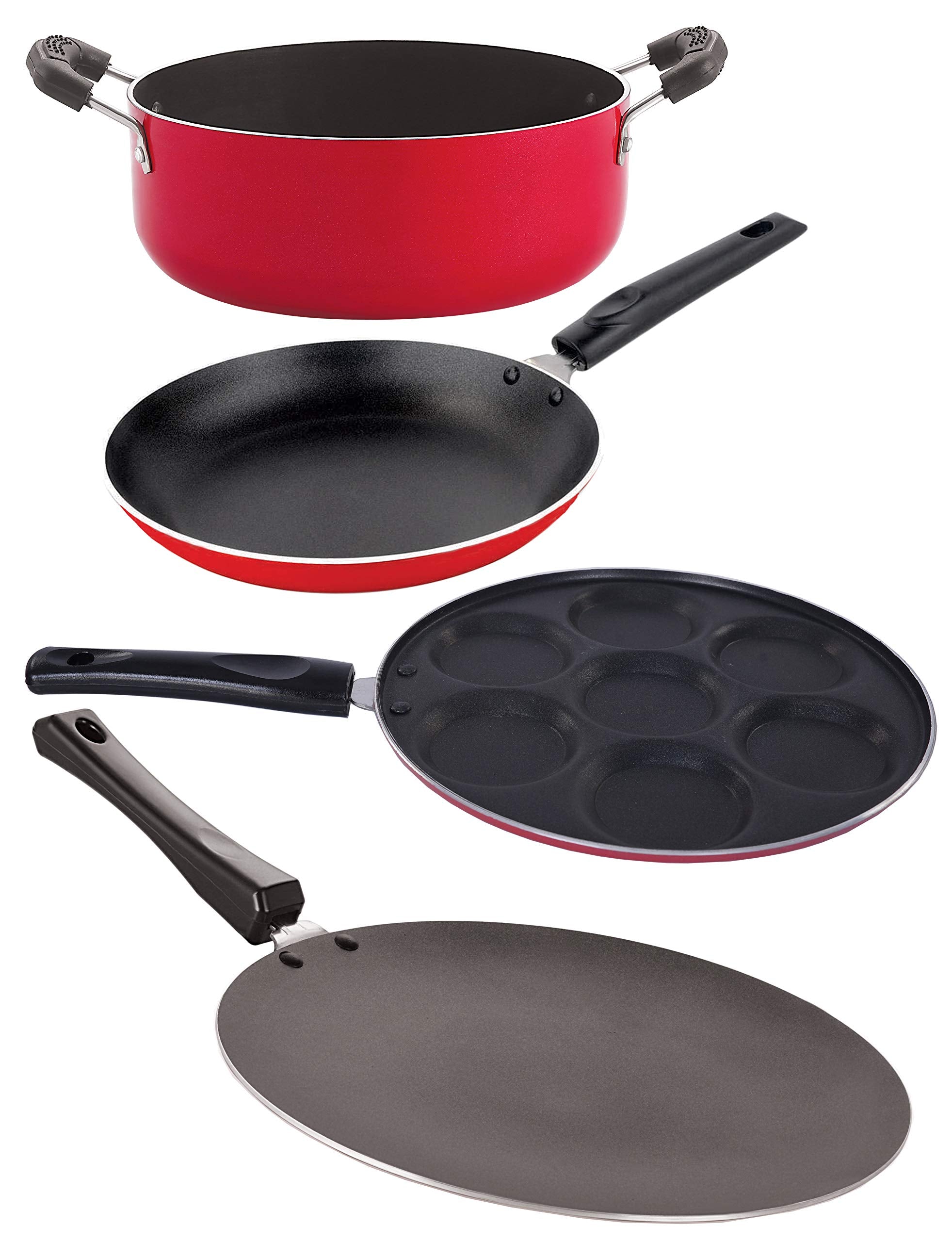 Nirlon NonStick Aluminum Cookware Set, 4Piece, Red And Black (2.6Mm_Ct11_Up(7)_Tp_Cass20)