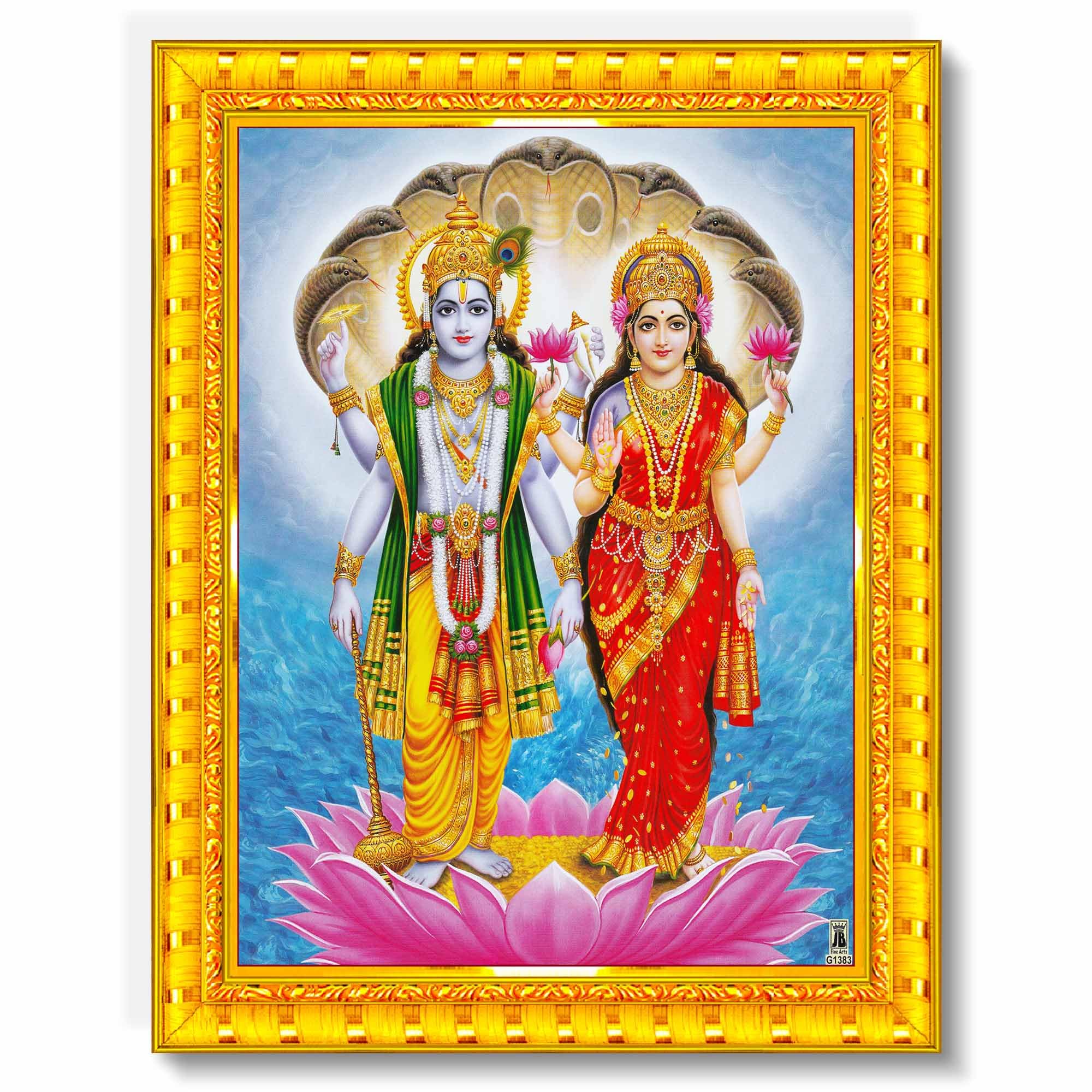 Pavan Photo Laminations Lord Vishnu Dev Lakshmi Devi Laxmi Narayan Ji Wall Painting Framed Home Decor (Wood,Matte,Gold,Small Siz