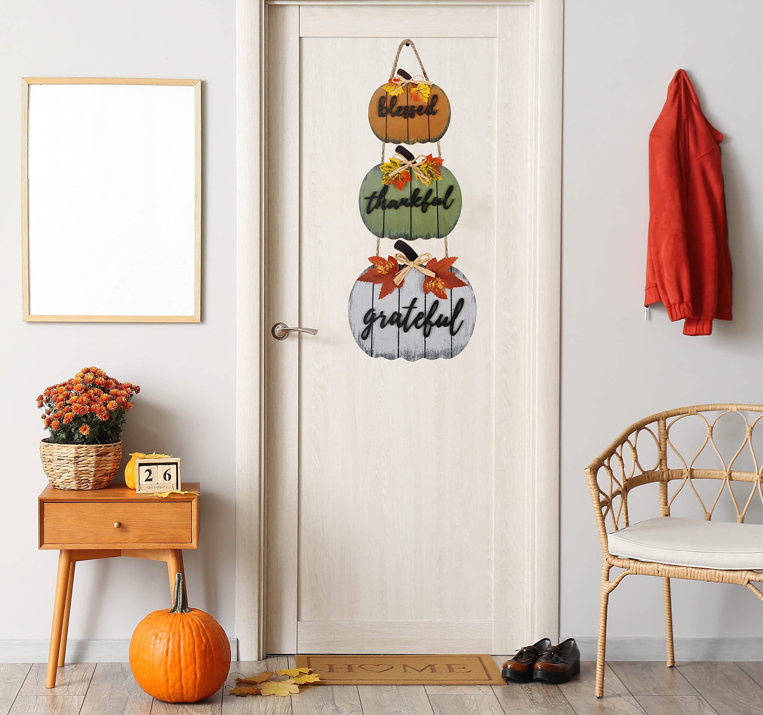 CYNOSA Fall Decorations for Home Blessed Grateful Thankful Door Sign Fall Decor Thanksgiving Decorations Wooden Pumpkin Vintage