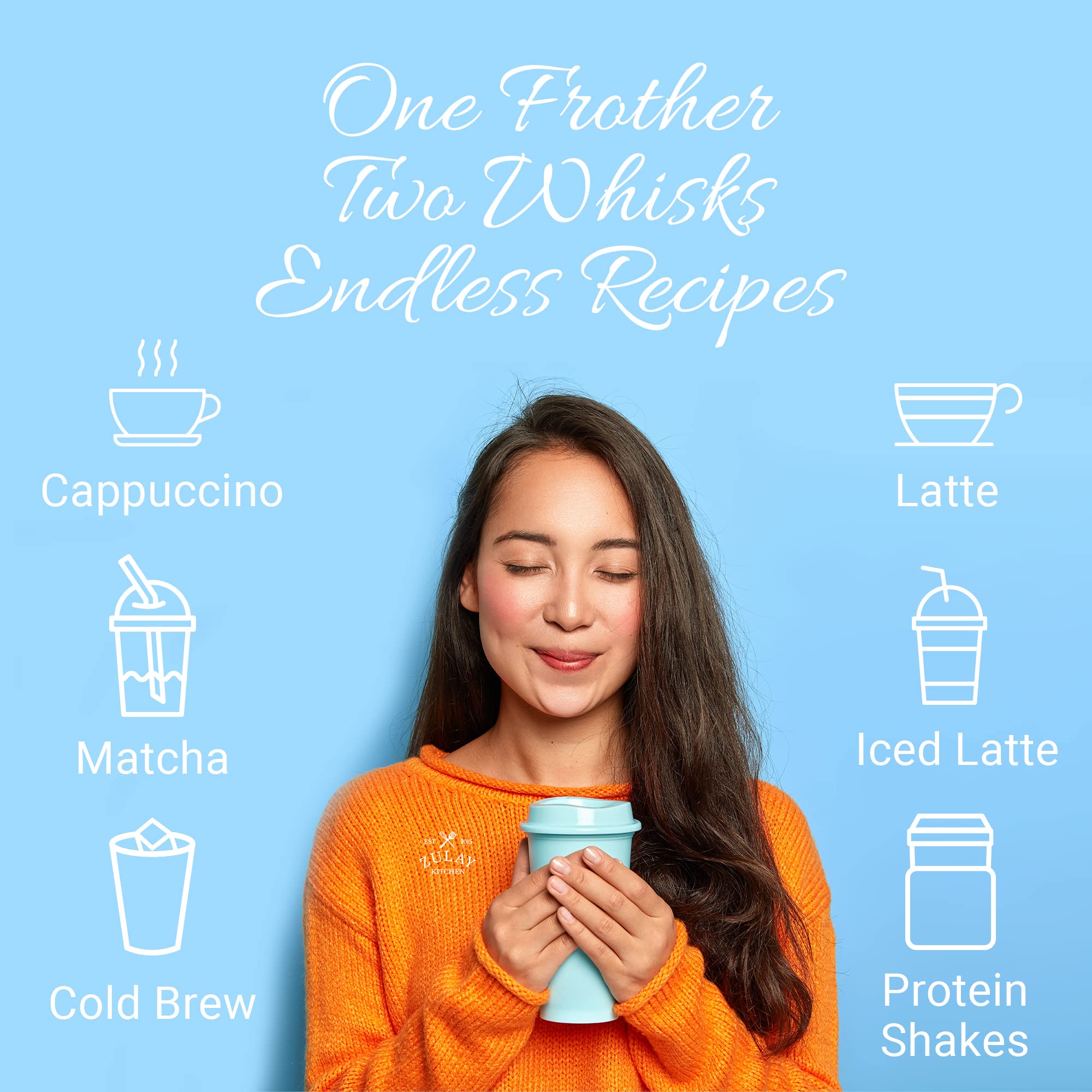 Zulay Kitchen Powerful Double Whisk Milk Frother Handheld - Foam Maker With Stand - Whisk Drink Mixer For Coffee, Mini Foamer Fo