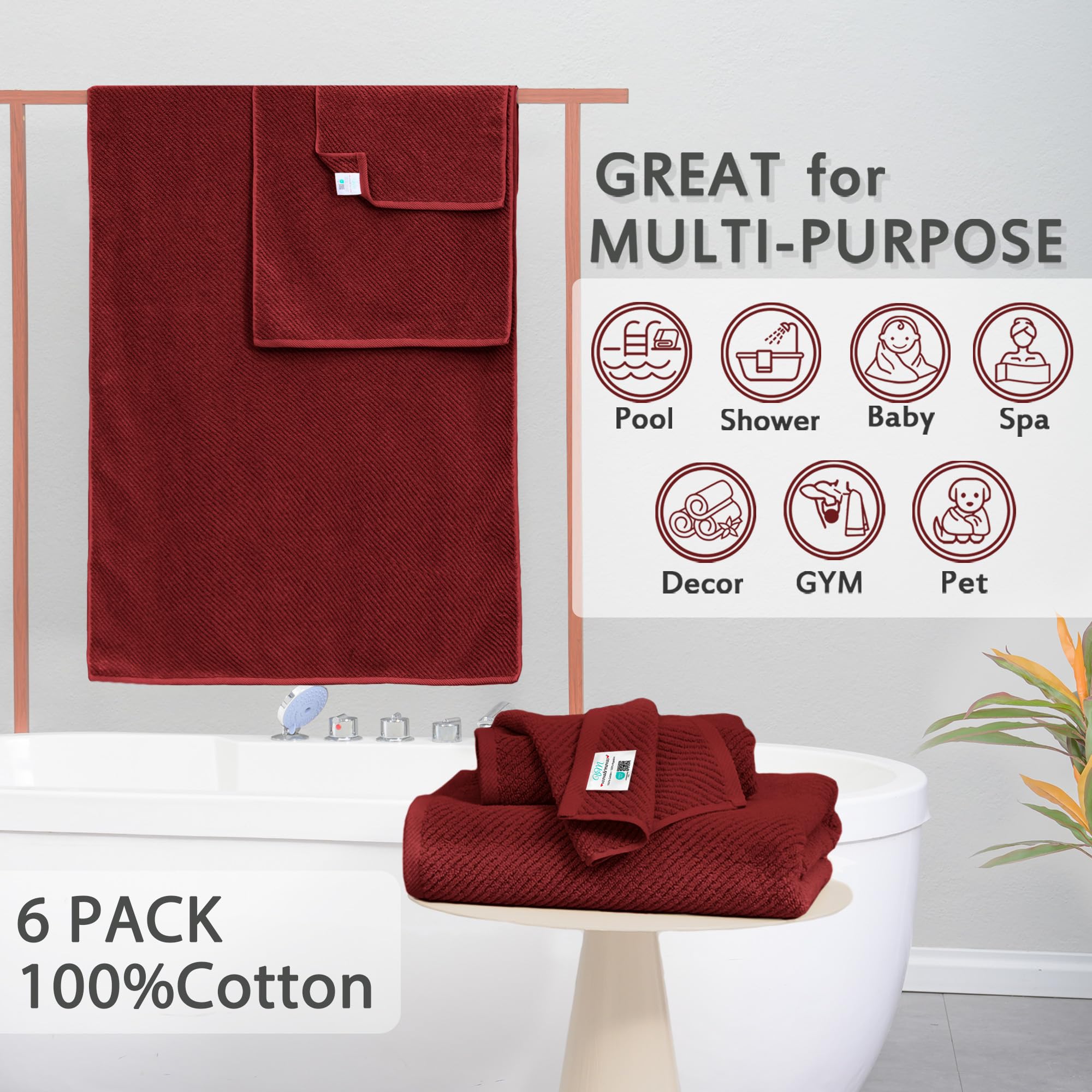 VOOVA & MOVAS Red Towels Bathroom Set  6 Piece Gift Set 2 Bath Towels 30''?6''  2 Hand Towels 18''?8''  2 Washcloths 13''?3''   100% Cotton  Large  Soft  Quick Dry Christmas Bathroom Decor