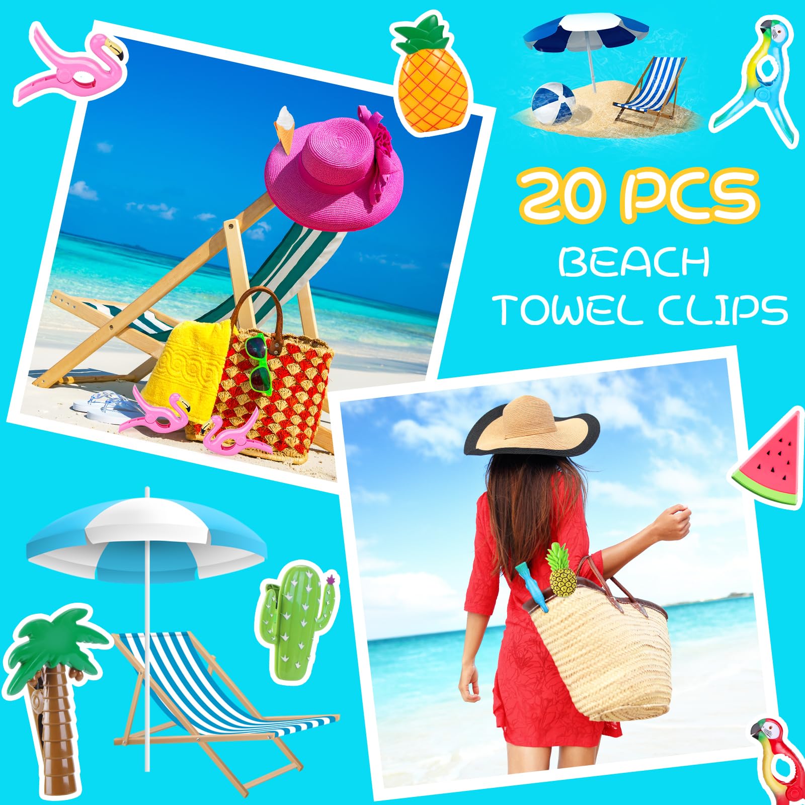 20 Pcs Beach Towel Clips, Beach Chair Clips For Towels Flamingo Parrot Clothes Pins Watermelon Pineapple Ice Cream Beach Towel H
