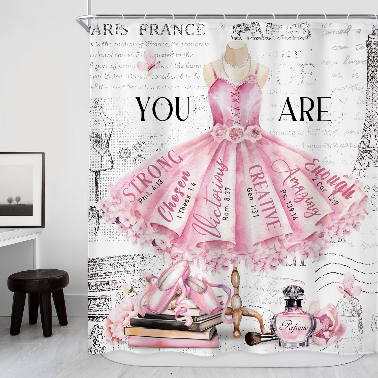 Riyidecor Ballet Dress Pink Shower Curtain 60Wx72H Inch Fashion Girly Paris Modern Girl Ballerina Motivational Quotes Flower Per
