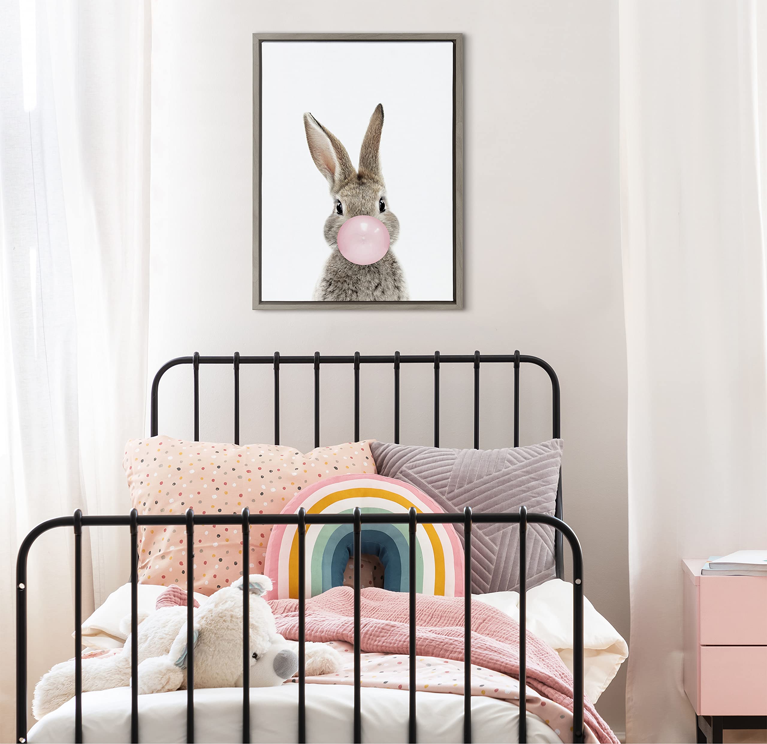 Kate And Laurel Sylvie Bubble Gum Bunny Framed Canvas Wall Art By Amy Peterson Art Studio, 18X24 Gray
