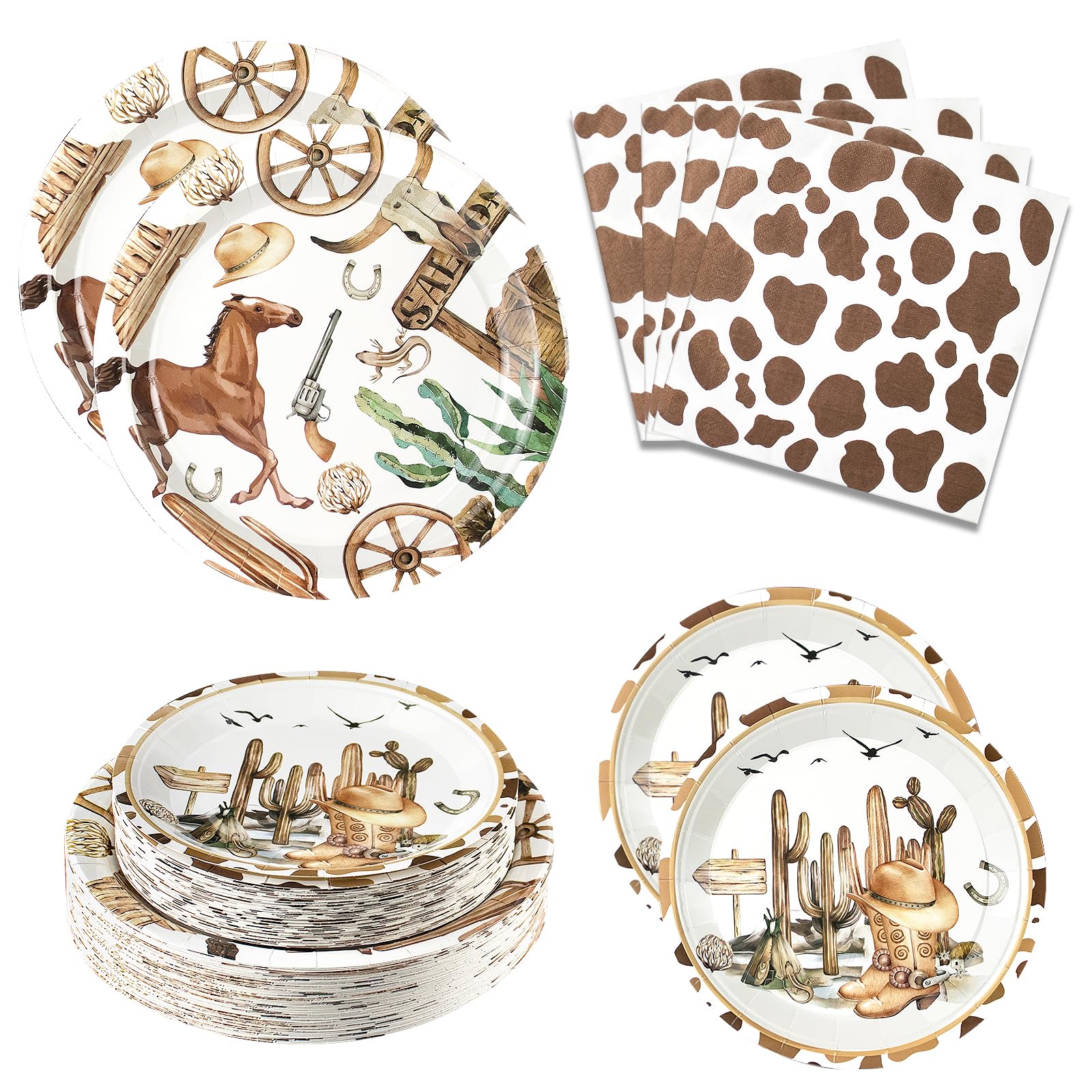 180Pcs Cowboy Party Supplies Serve 60, Western Party Paper Plates And Napkins Kit For Wild West Cowboy Rodeo Birthday Baby Showe