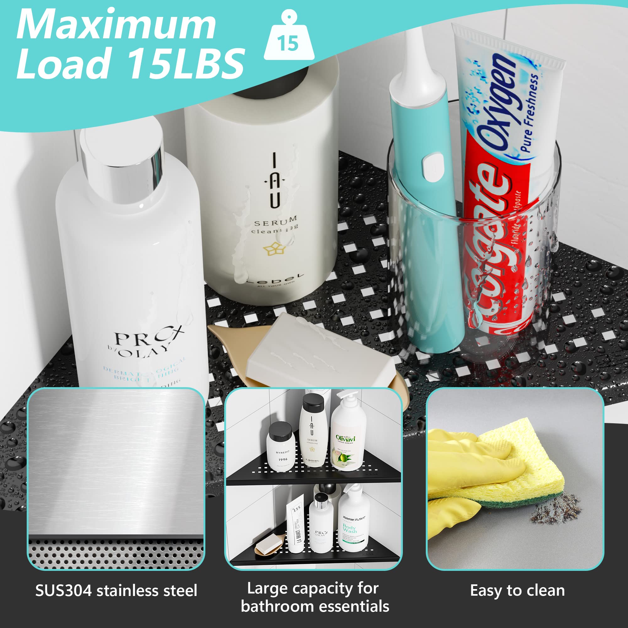 Qeke 2 Pack Bathroom Corner Shelf, Recessed 10'' Shower Shelf Caddy, Sus304 Stainless Steel Shelf Wall Mount Triangular, No Dril