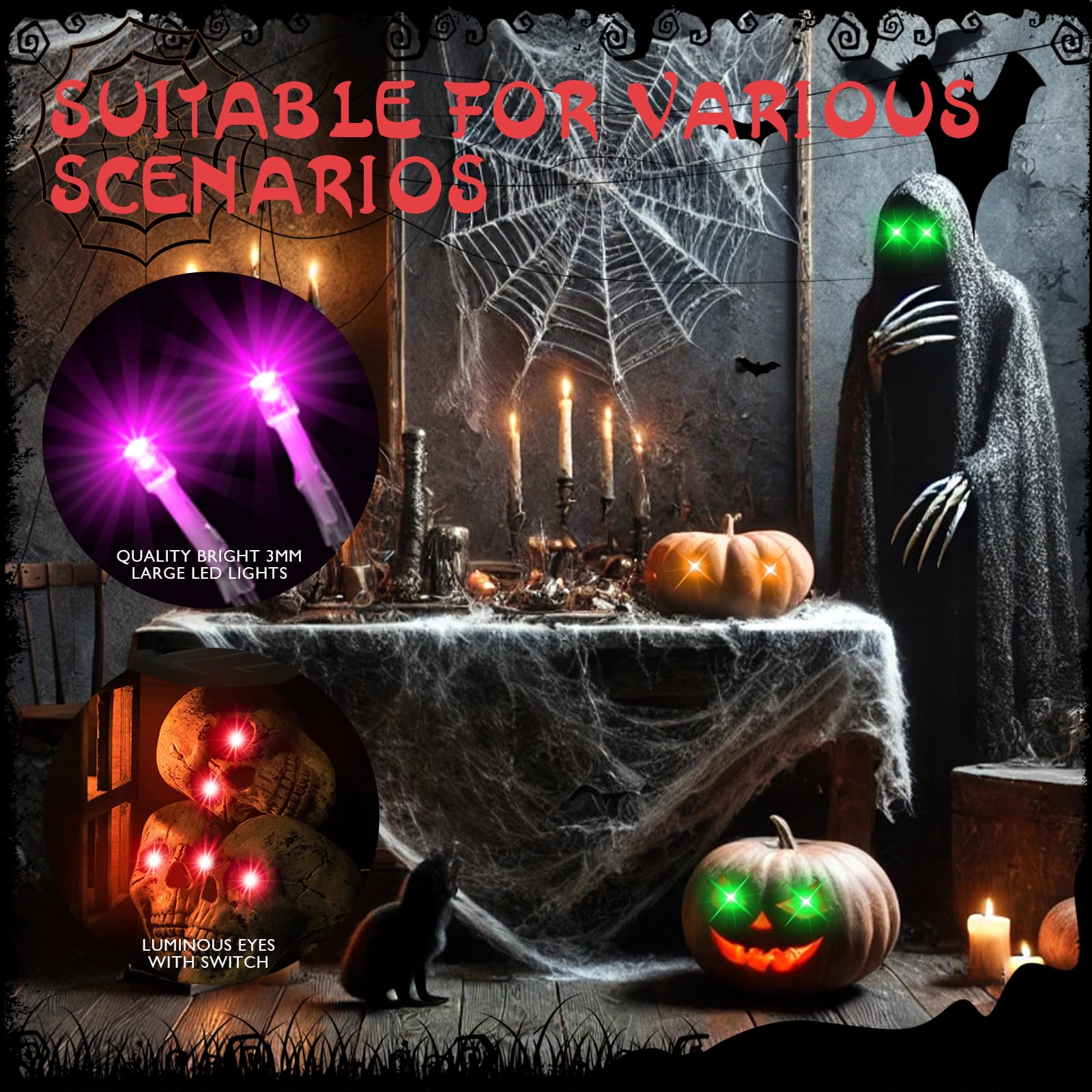 Halloween LED Glowing Eyes with Timer, 2 Pack Light Up Skeleton Eyes for DIY Horror Props, Masks, Pumpkins, Tombstones (4PC - Ye