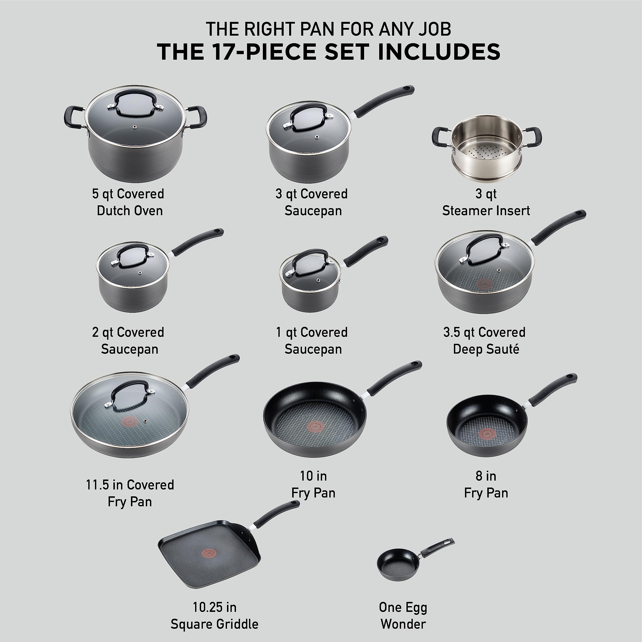 T-fal Ultimate Hard Anodized Nonstick Cookware Set 17 Piece, Oven Broiler Safe 400F, Lid Safe 350F, Kitchen Cooking Set w/ Fry P