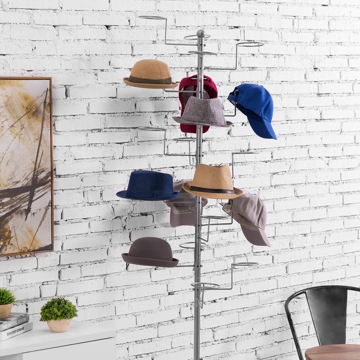Mygift Modern Large Freestanding Hat Rack Stand, Silver Metal Retail Wig Or Hat Display Stand With 20 Customizable Circular Hook