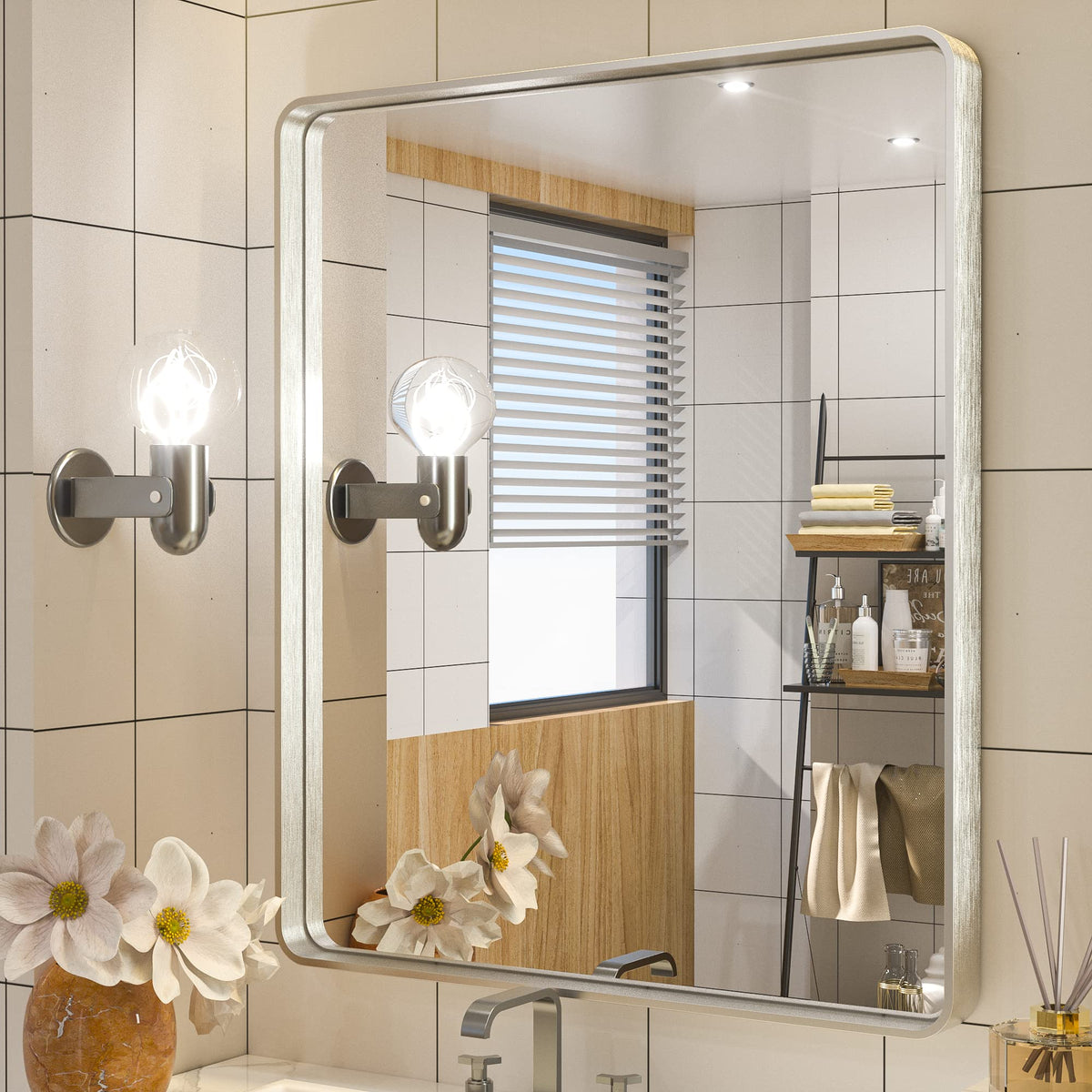 Tetote Silver Bathroom Mirror, 30 X 36 Inch Wall Mounted Rectangle Brushed Silver Metal Framed Modern Vanity Mirror (Horizontal/