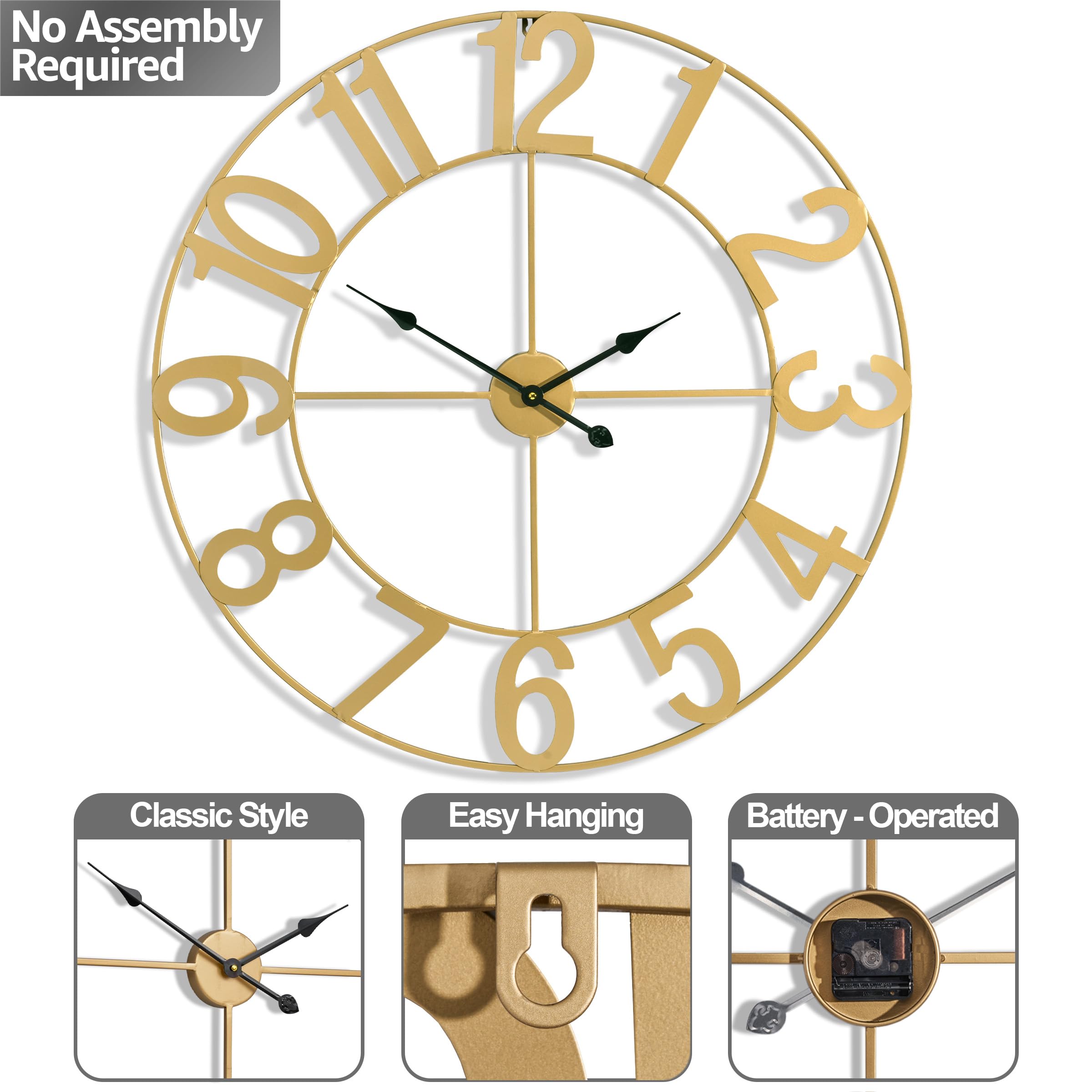 Sorbus 32-Inch Large Wall Clock - Decorative Gold Metal Clock with Black Hands - Silent, Battery Operated, Modern Wall Decor for