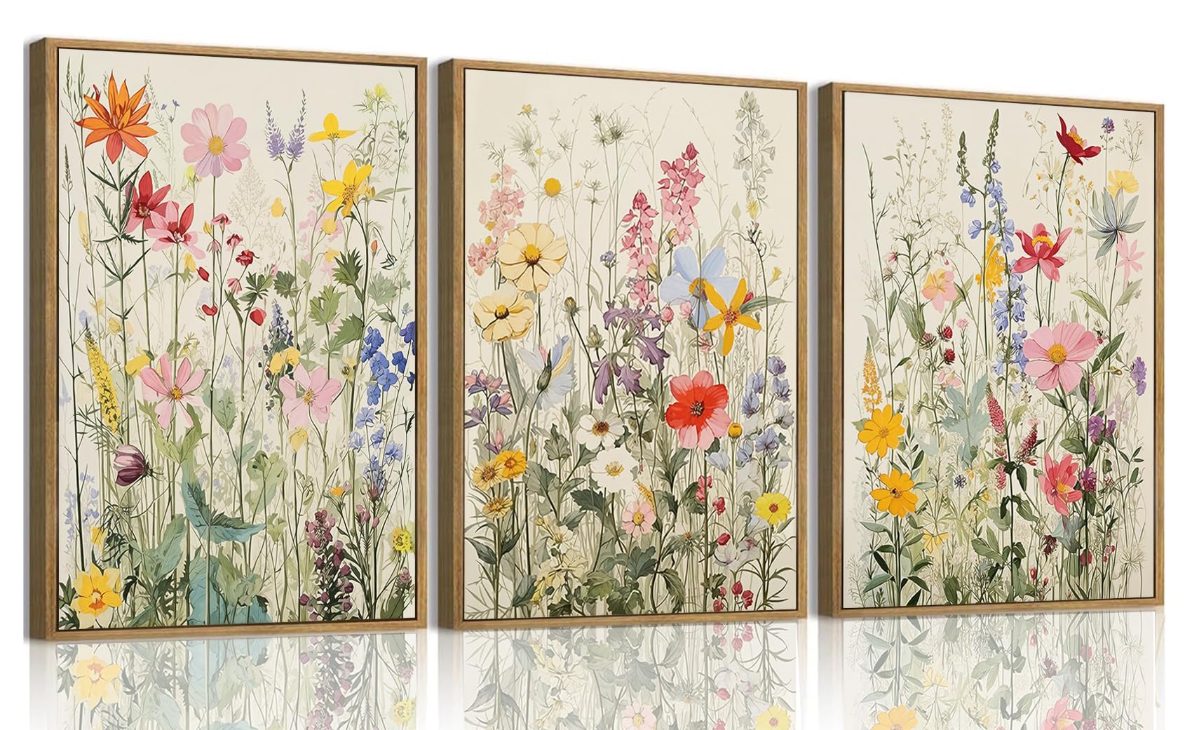 Kissfox 3 Piece Watercolor Wildflower Botanical Framed Wall Art Colorful Floral Canvas Art Prints Boho Flower Pictures Wall Deco
