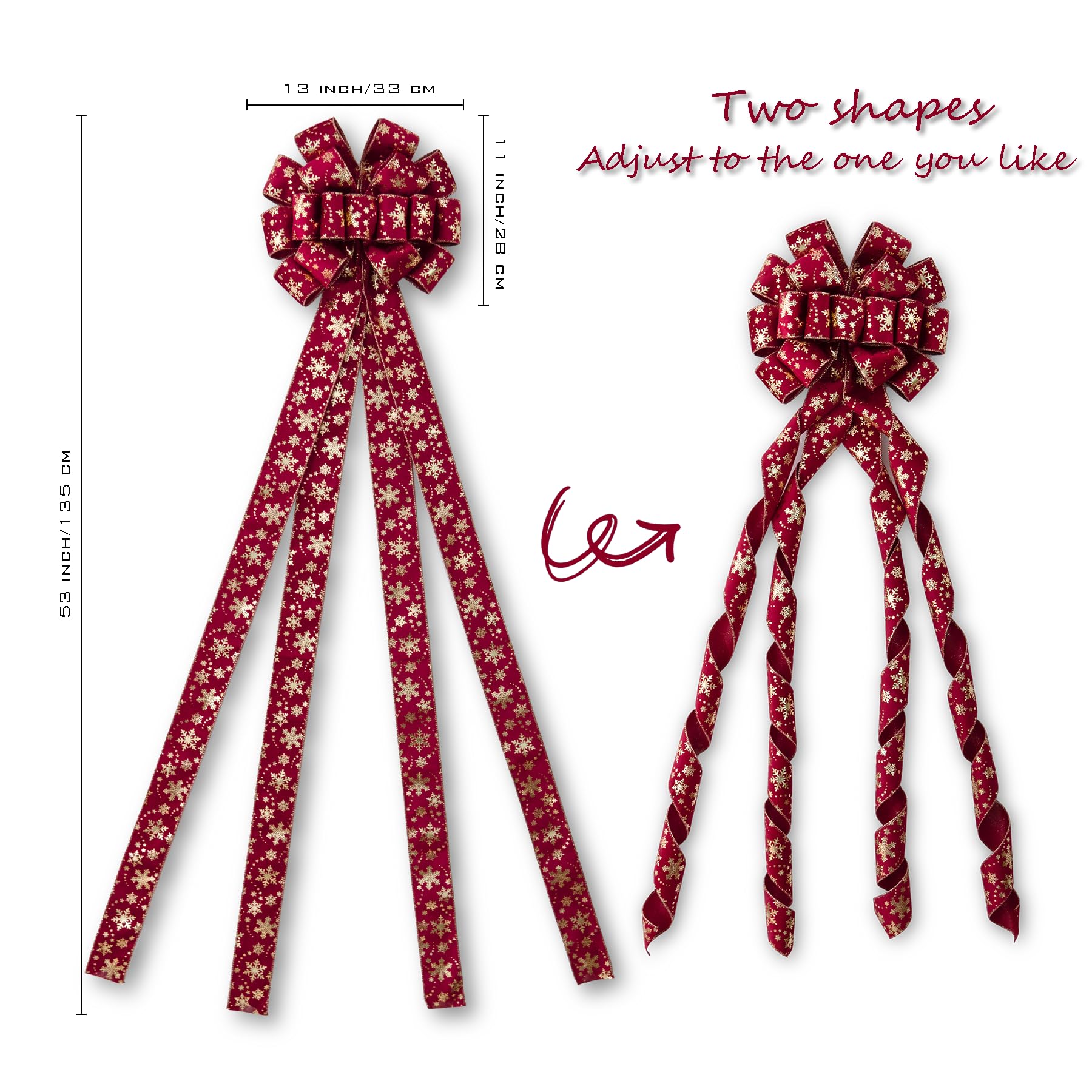 Hismir Christmas Tree Topper Bow, 53x13 Inches Large Christmas Velvet Topper Bow with Gold Snowflakes, Decorative Ribbon Bows fo
