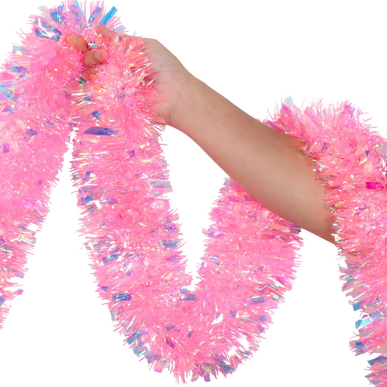 50Ft Pink Christmas Garland Decorations,Xams Tinsel Stems Non-Lit Soft Twist Garland Decor for Tree Stairs Railing Front Door Ma