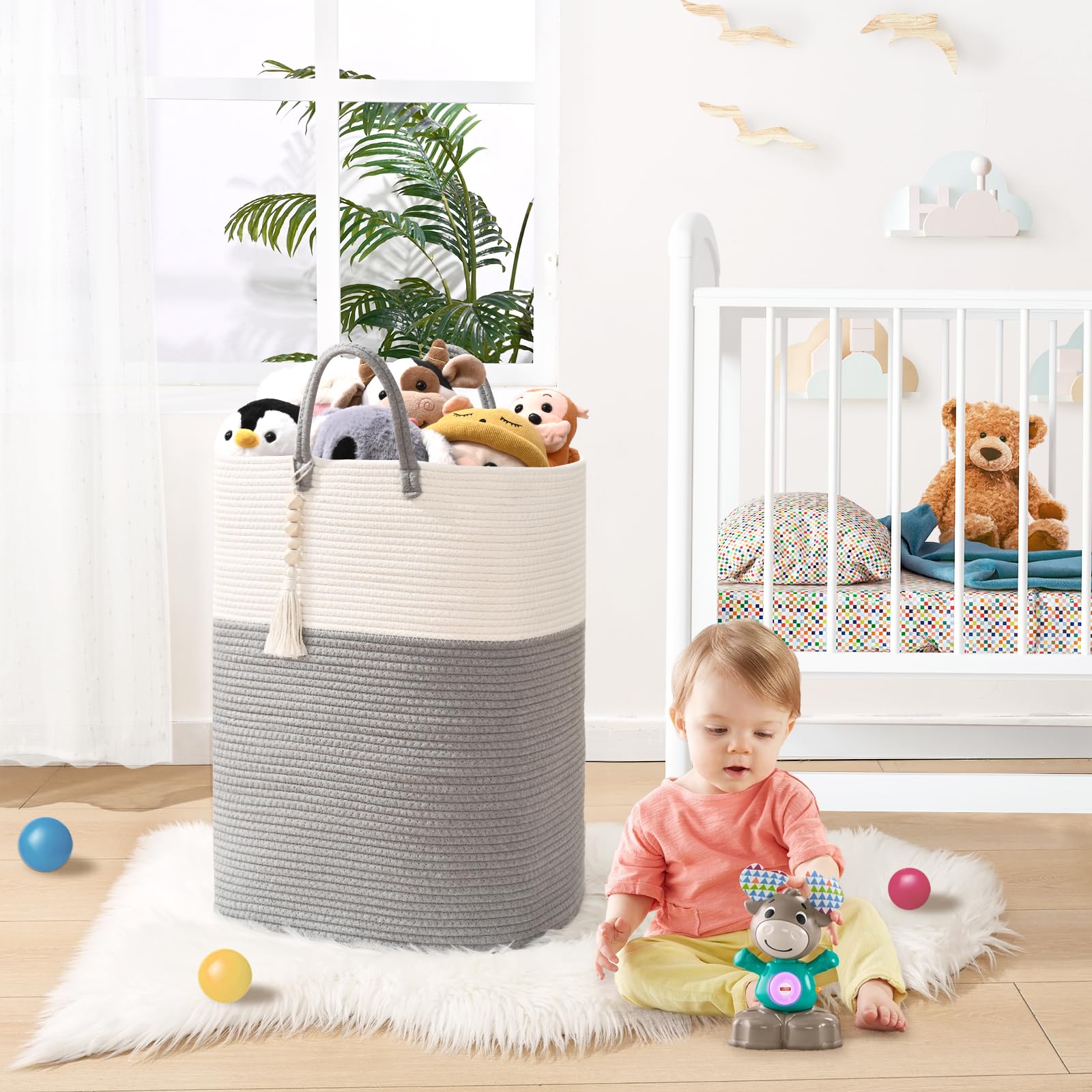 Woven Laundry Basket For Clothes, 100L Large Rectangle Laundry Hampers With Beads Tassel, Nursery Storage Basket For Toys, Tall