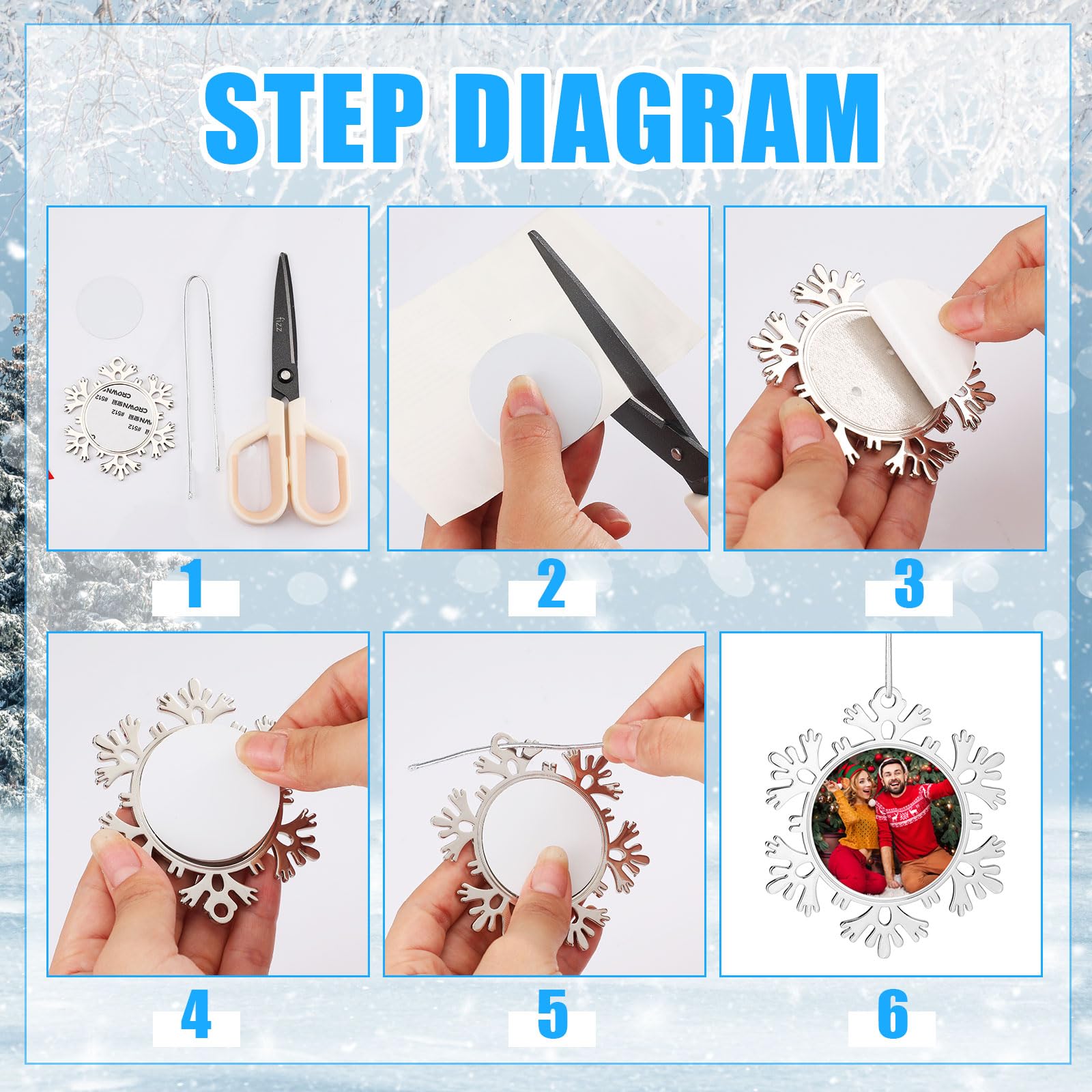 Soaoo 12 Pcs 2025 Metal Christmas Photo Frame Ornament Bulk Silver Snowflake Tree Picture Frame Ornament Double-Sided for Christ