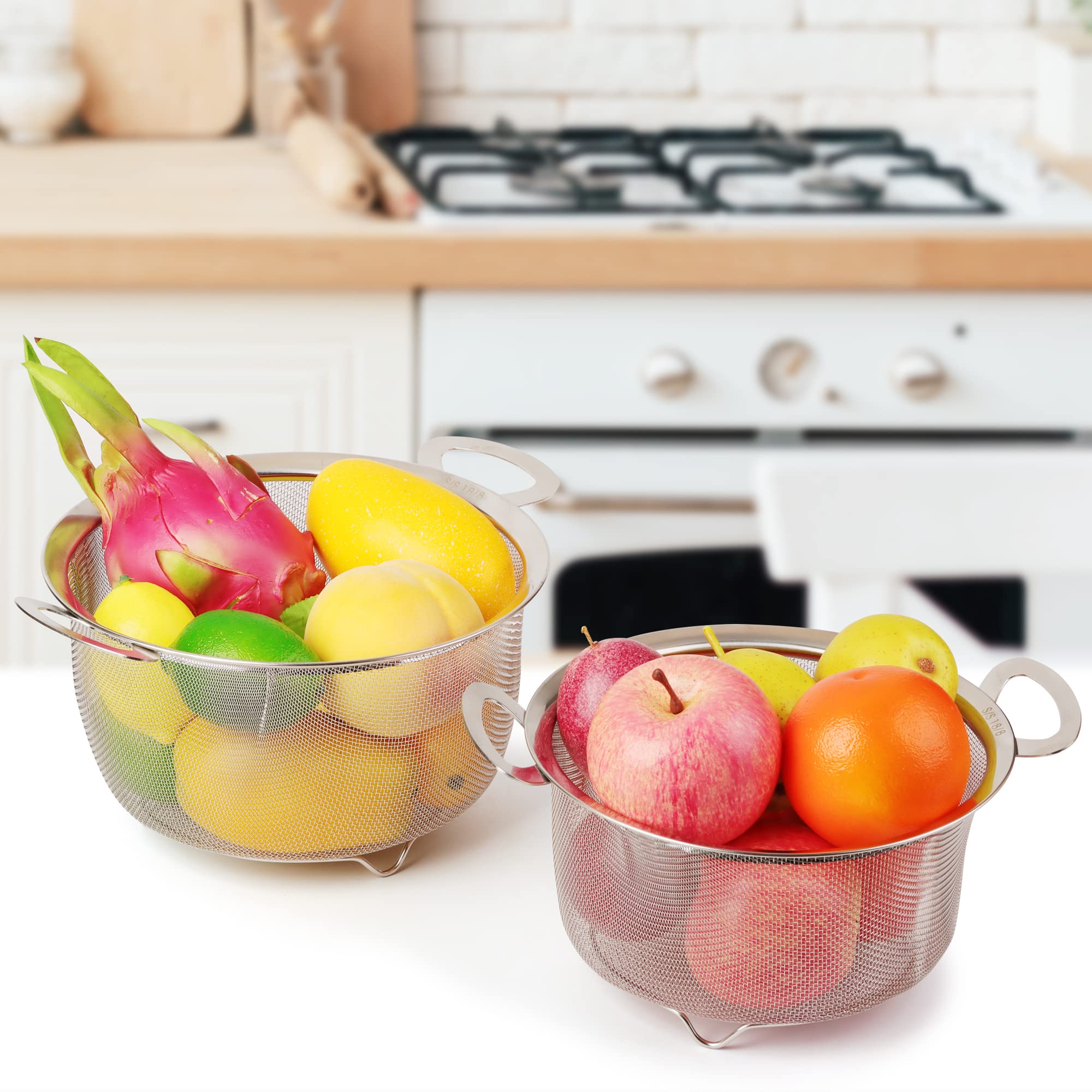 Tiawudi 2 Pack Strainers For Kitchen, 18/8 Stainless Steel Colander With Handles, Fine Mesh Strainer For Pasta, Rice And Fruit,