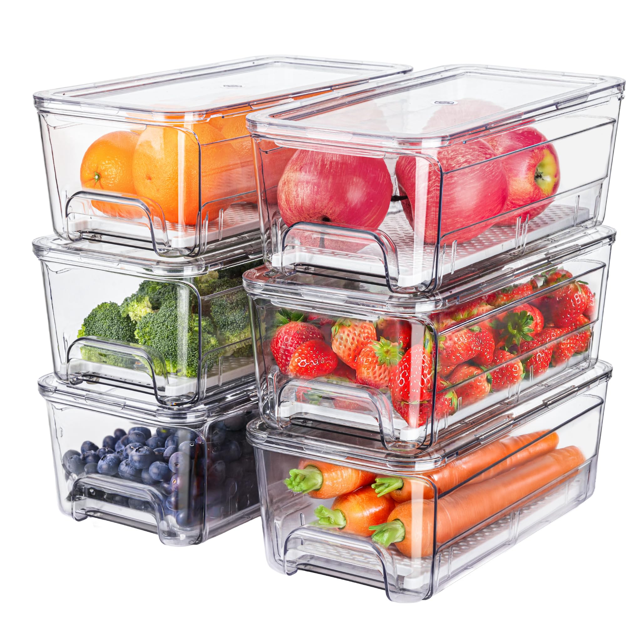 Brippo 6-Pack Fridge Drawer Organizer, Pull-out Stackable Refrigerator Organizers and Storage, Clear Fruit Storage Containers Bi