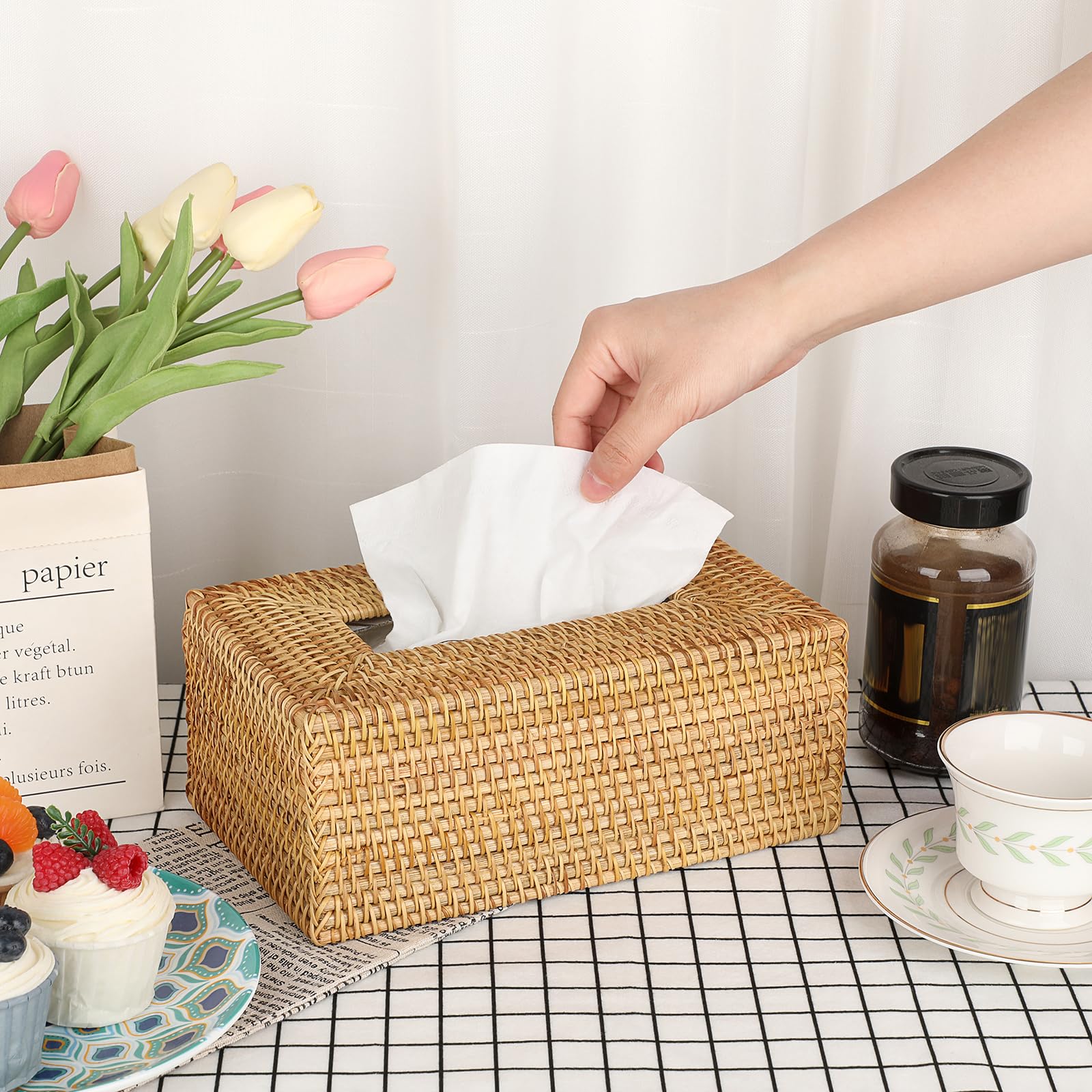 Sumnacon Rattan Tissue Box Cover - Rectangle Wicker Holder for Bathroom, Living Room, Kitchen, 10 x 5.9 Inch, Yellow, Model UR-US-CYQH2V