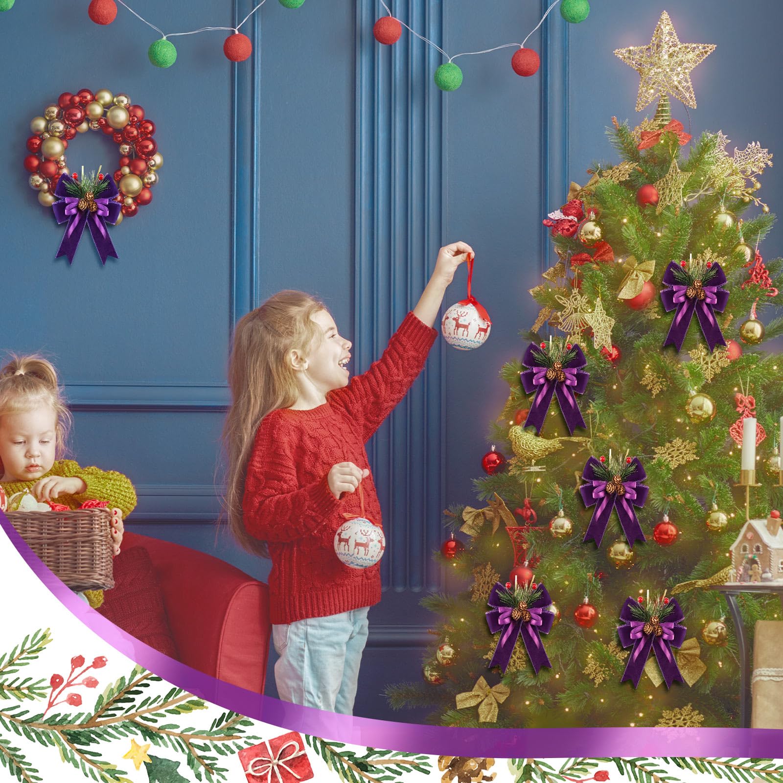 Syhood 6 Pcs Christmas Bows with Pine Cones Pine Needles Xmas Velvet Bows Purple Velvet Ribbon Christmas Tree Wreath Decoration