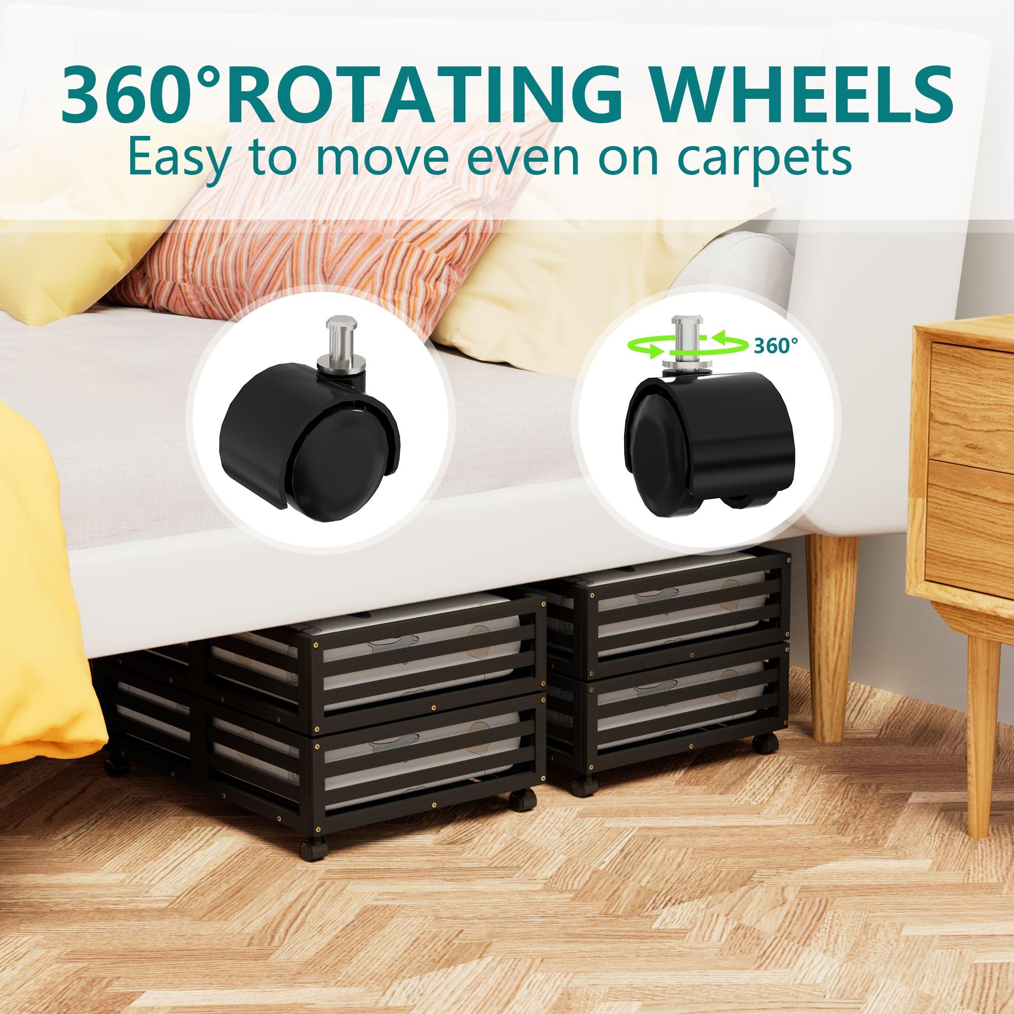 Bamboo Under Bed Storage Containers- Underbed Organizer with Wheels with Large Capacity Dust Bag,Sturdy Wood Rolling Under Bed S