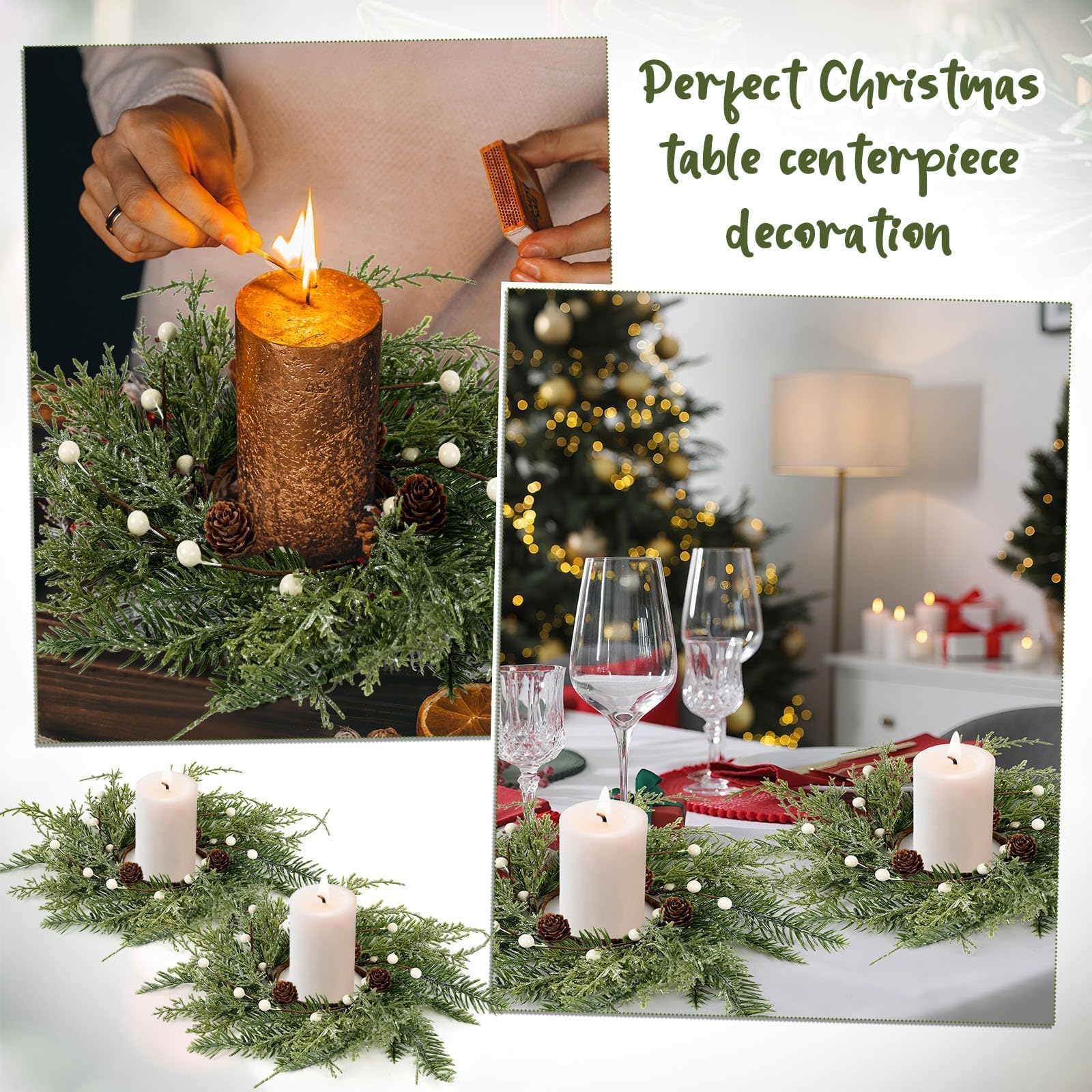 4 PCS Christmas Wreath Christmas Kitchen Cabinet Wreaths with Burlap Ribbon Mini Wreath Pine Garland Frosted Cedar Pine Cone Han