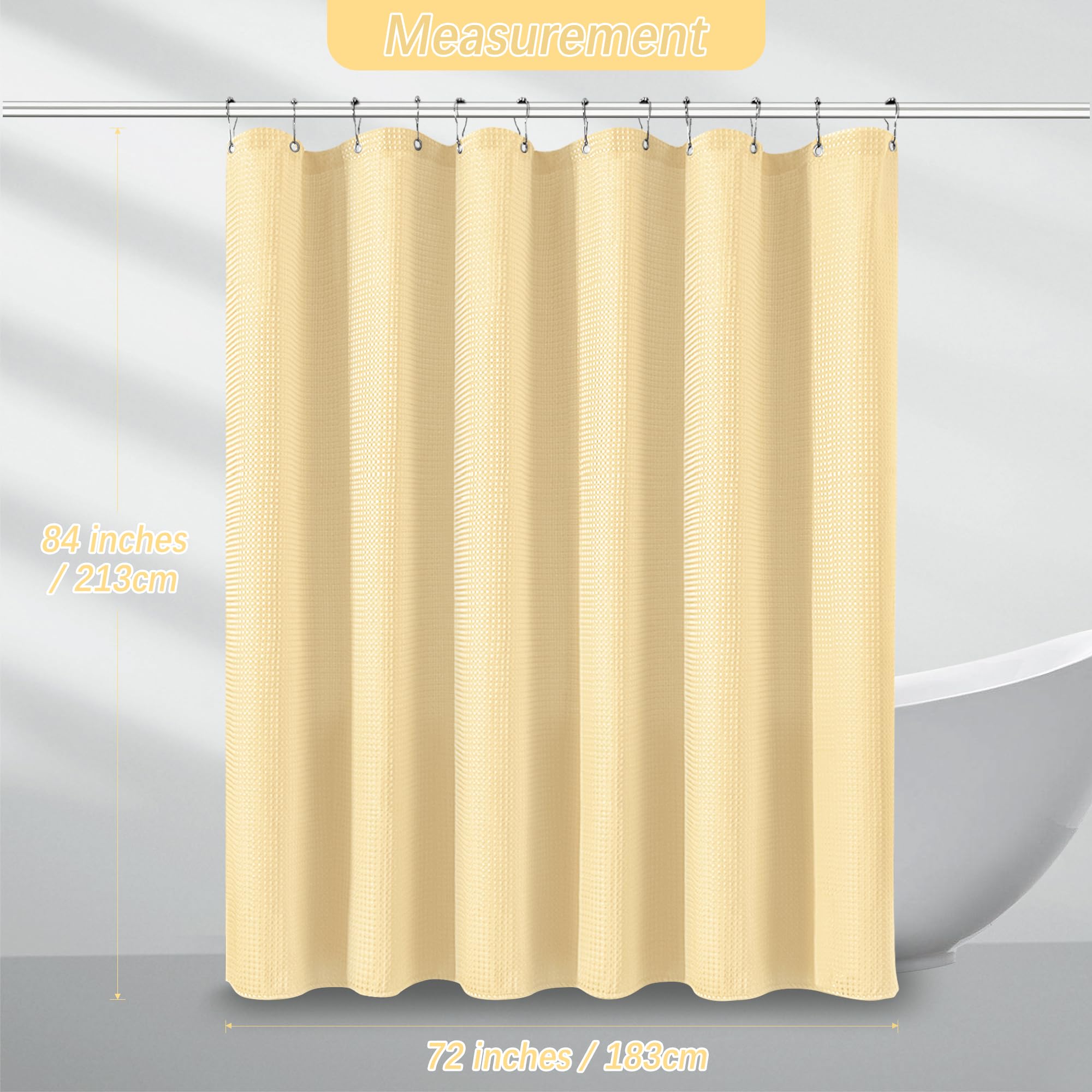 Pangsinne 84 Inch Long Shower Curtain Waffle Textured Beige Fabric Shower Curtains, 256Gsm Heavy Duty Weighted Shower Curtains,