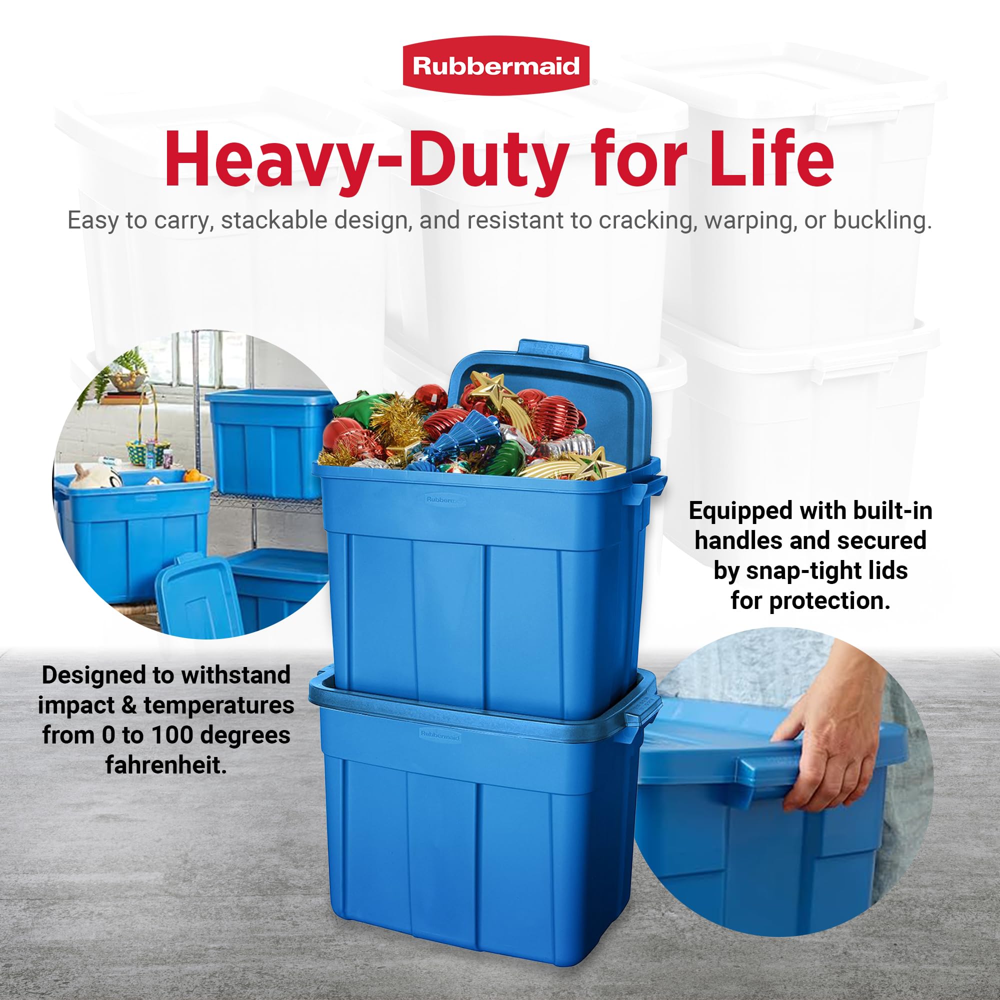 Rubbermaid Roughneck Tote 18 Gal - 6 Pack Made In The Usa Heritage Blue, Rugged Plastic Stackable Storage Tote With Lid And Hand