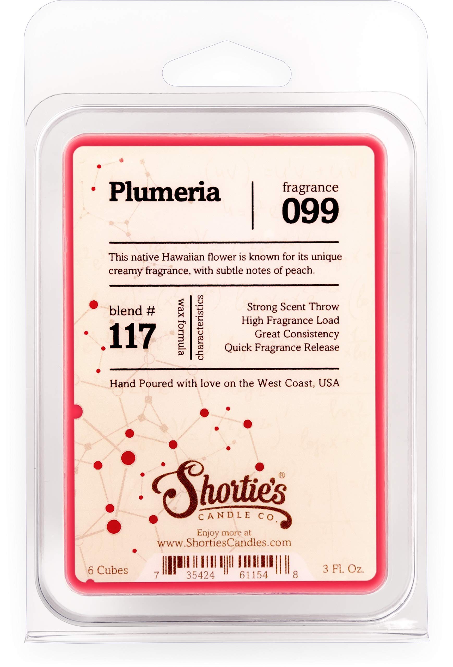 Shortie's Candle Company Pure Plumeria Wax Melts - Formula 117-1 Highly Scented 3 Oz. Bar - Made with Natural Oils - Flower & Fl