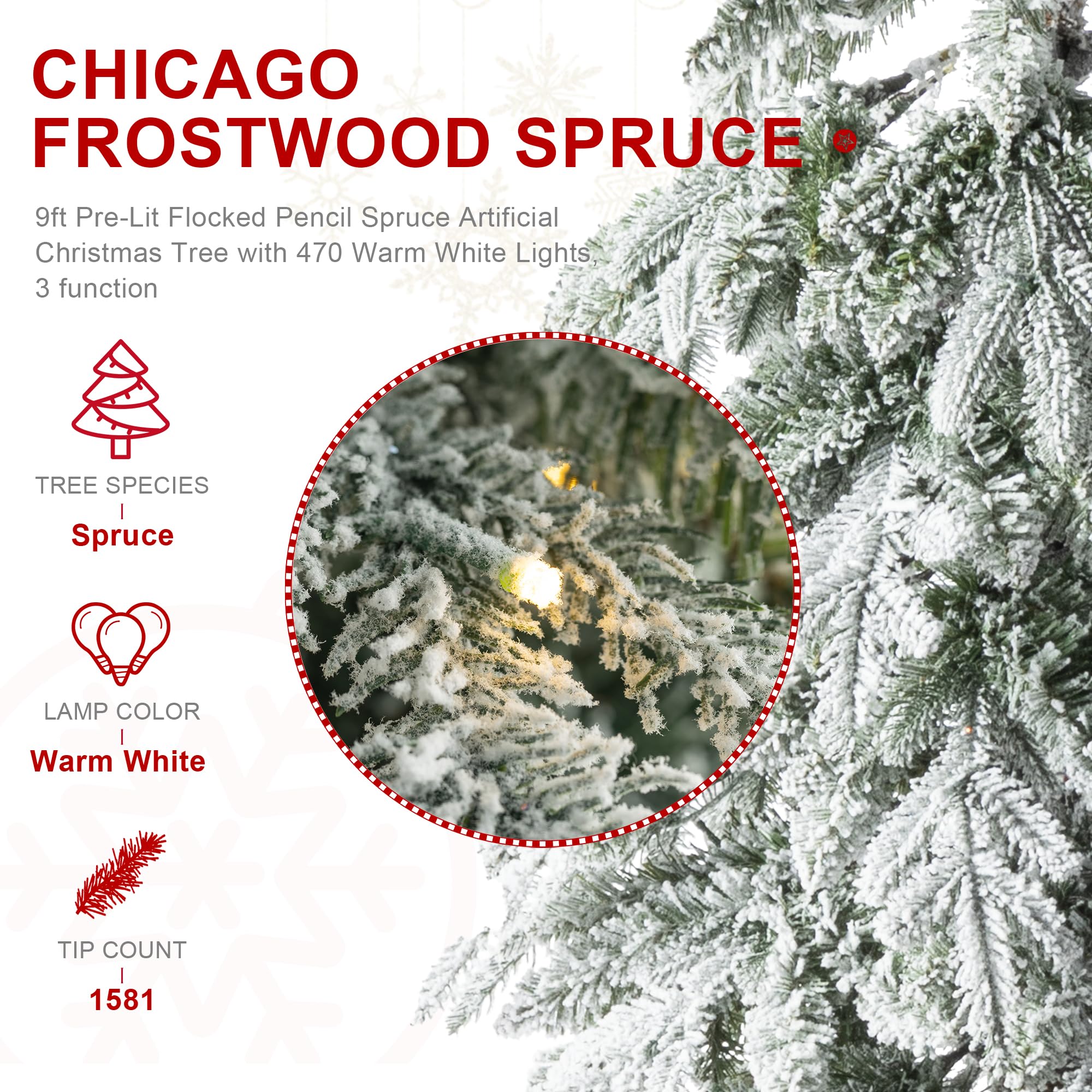 Glitzhome 9ft Prelit Christmas Tree, Artificial Christmas Tree with 470 Warm White Lights, Flocked Pencil Christmas Tree Chicago