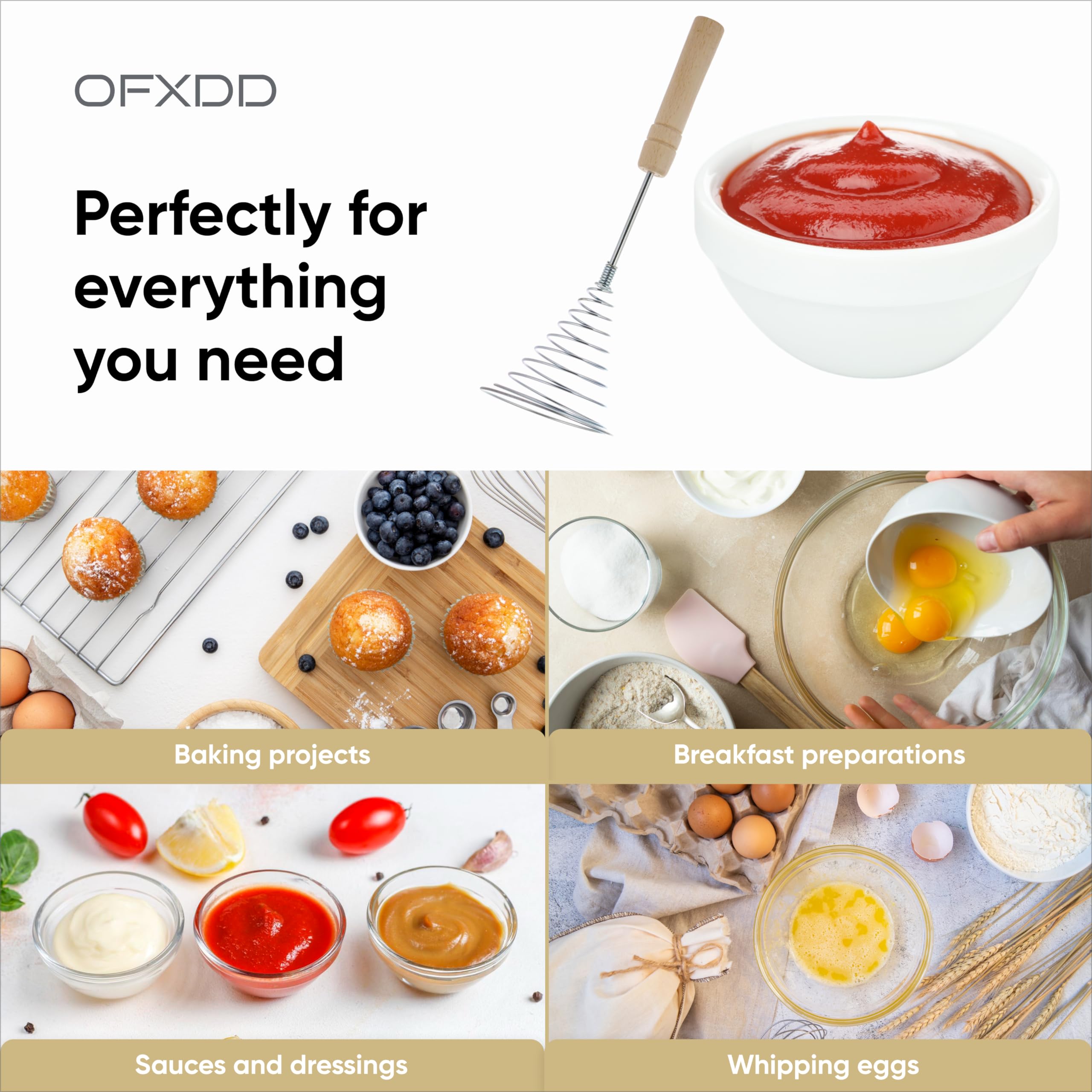 Stainless Steel Spring Coil Whisk 1 Pcs - Wire Whip Egg Whisk With Wooden Long Handle - Heavy Duty Whisks For Cooking