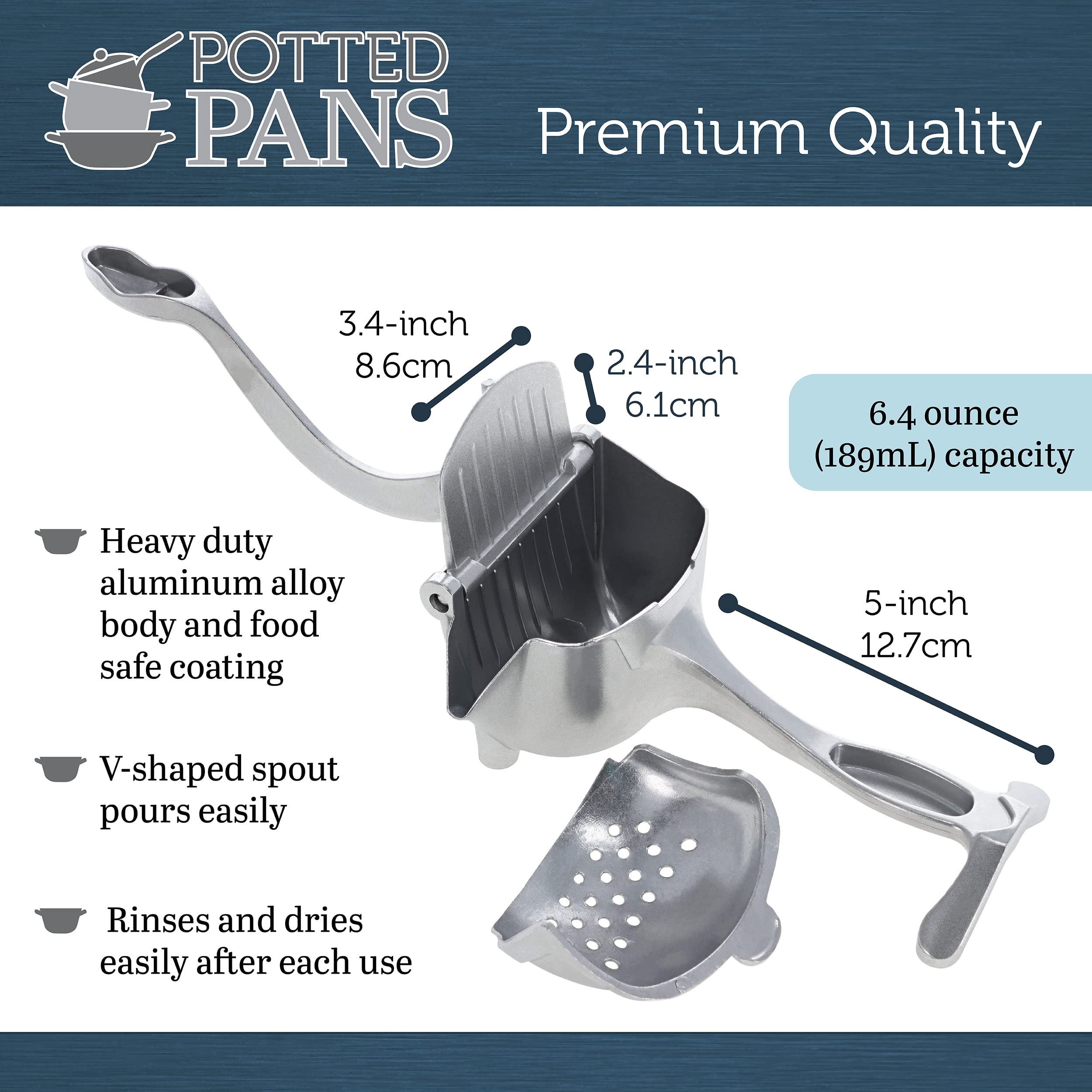 Potted Pans Manual Citrus Juicer Hand Press - 6.4Oz Large Metal Lemon Squeezer For Orange Lime Grapefruit More