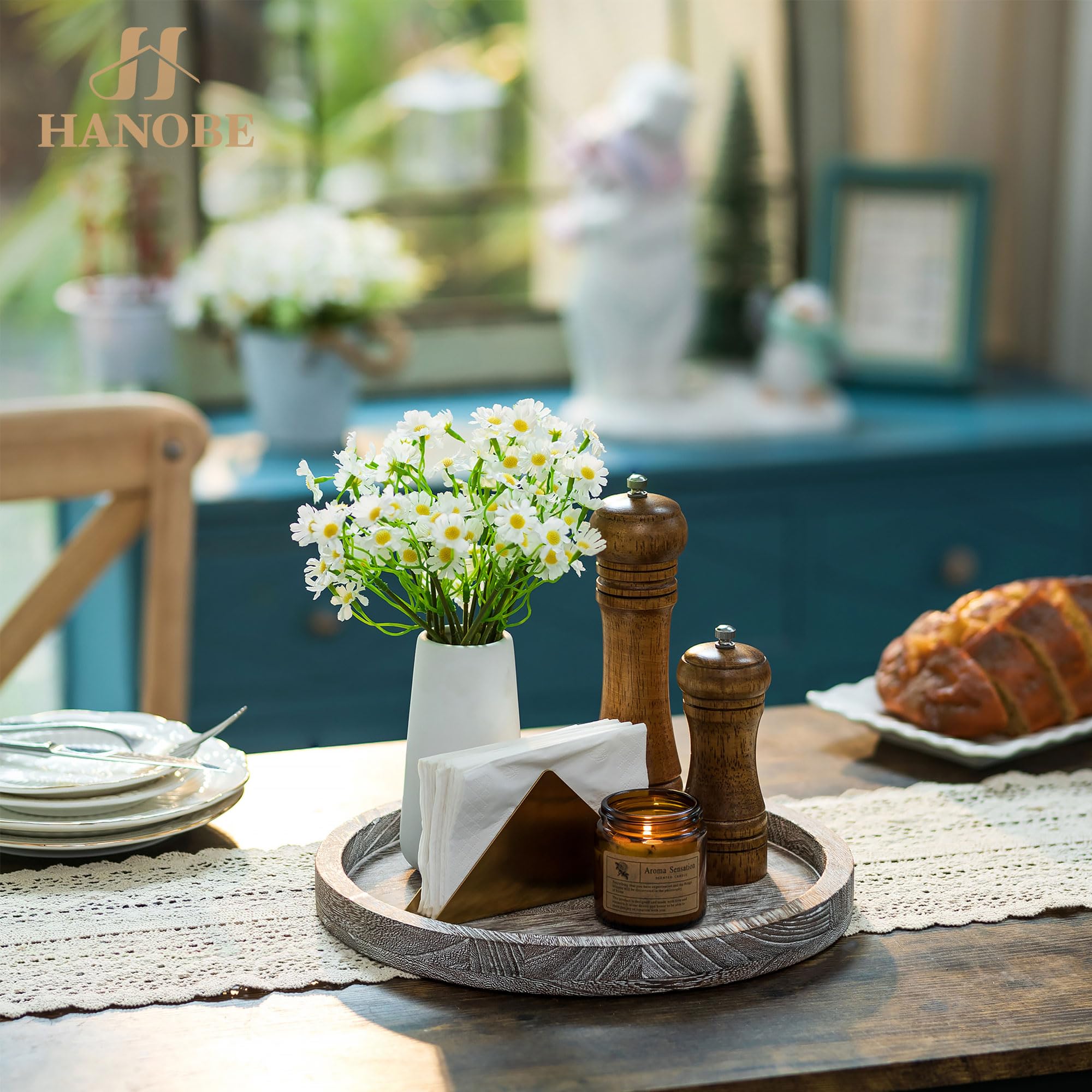 Hanobe Decorative Wooden Serving Tray: Rustic Round Wood Plate Whitewash Farmhouse Centerpiece Decorations Small Candle Holder T