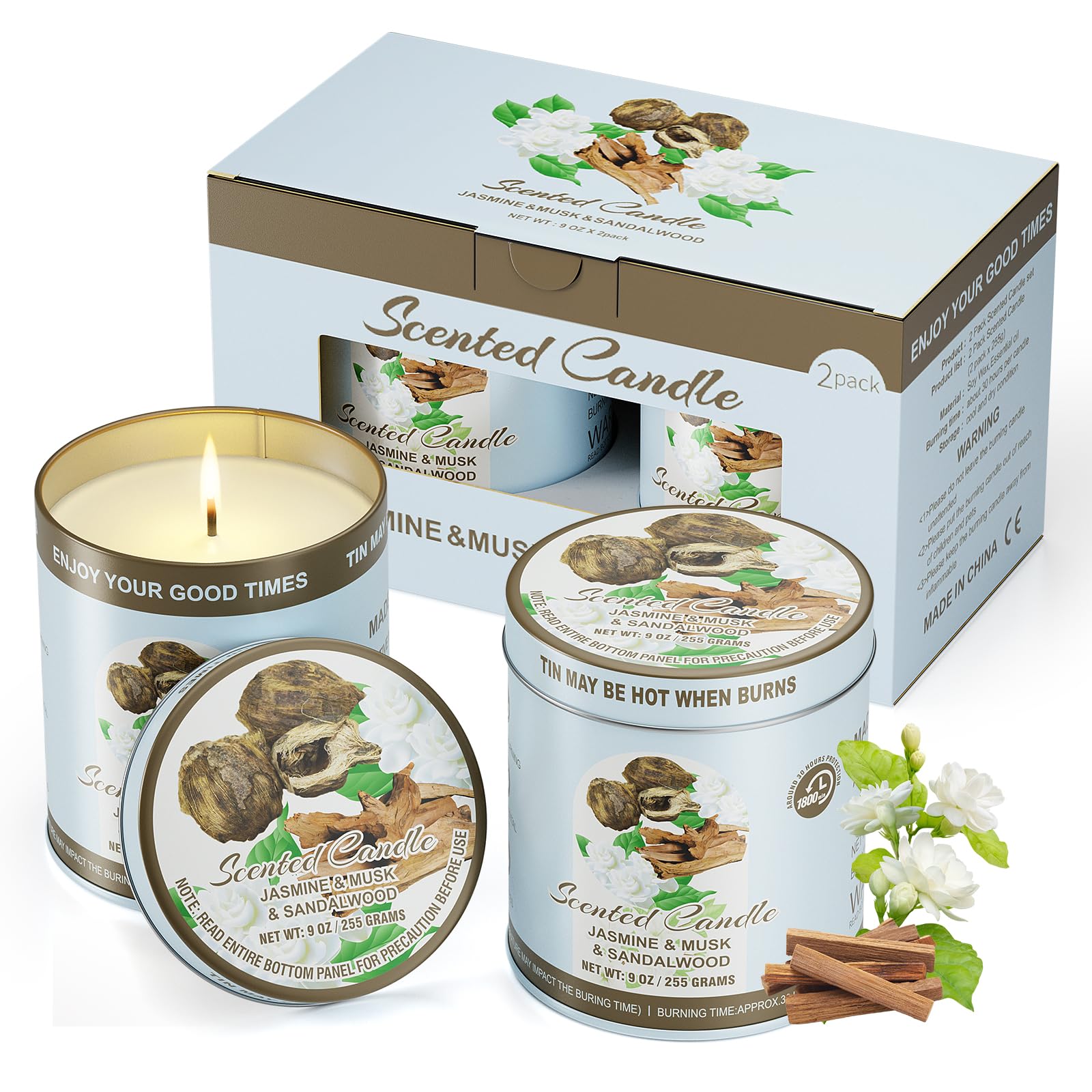 2 Pack Scented Candles (90 Total Burn Hours) - Soy Wax Candles 9 oz Each in Tin - Long Lasting Aromatherapy Candle Gift Set (Jas