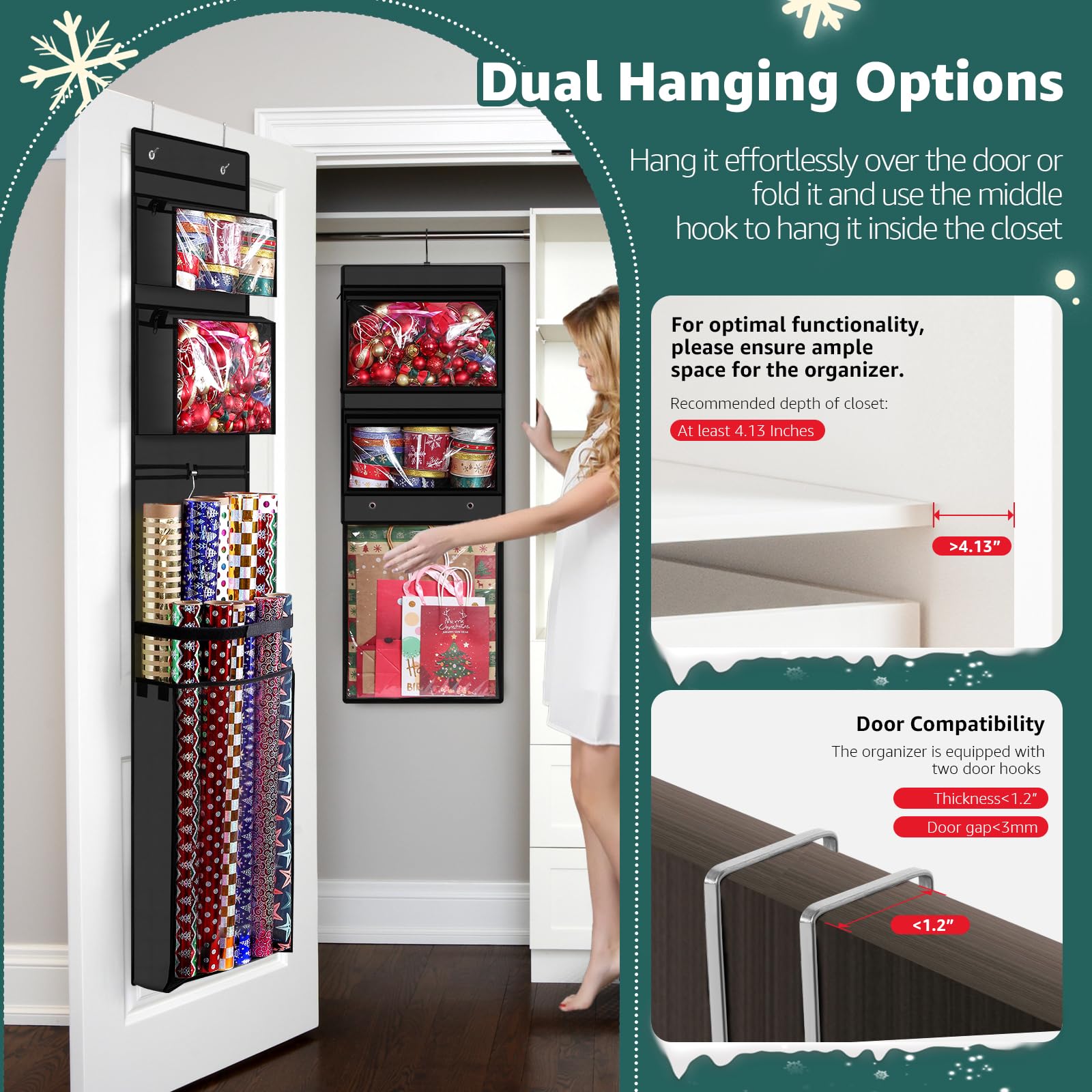 Wrapping Paper Organizer Storage, Double-Sided Hanging Gift Wrap Roll Holder For Christmas, 63''X13'' Over Door Present Bag Cont
