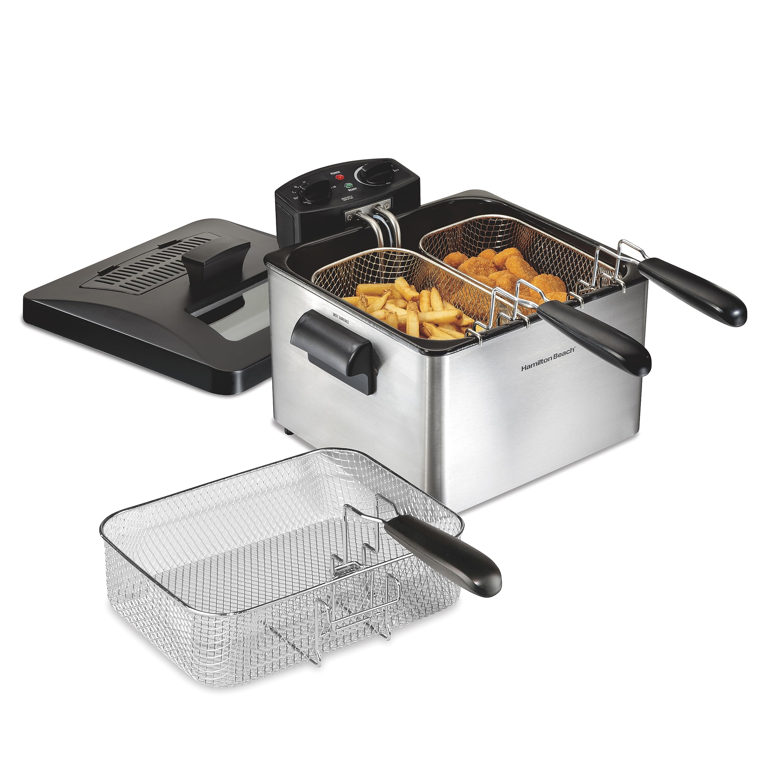 Hamilton Beach Triple Basket Electric Deep Fryer, 4.7 Quarts / 19 Cups Oil Capacity, Lid with View Window, Professional Style, 1