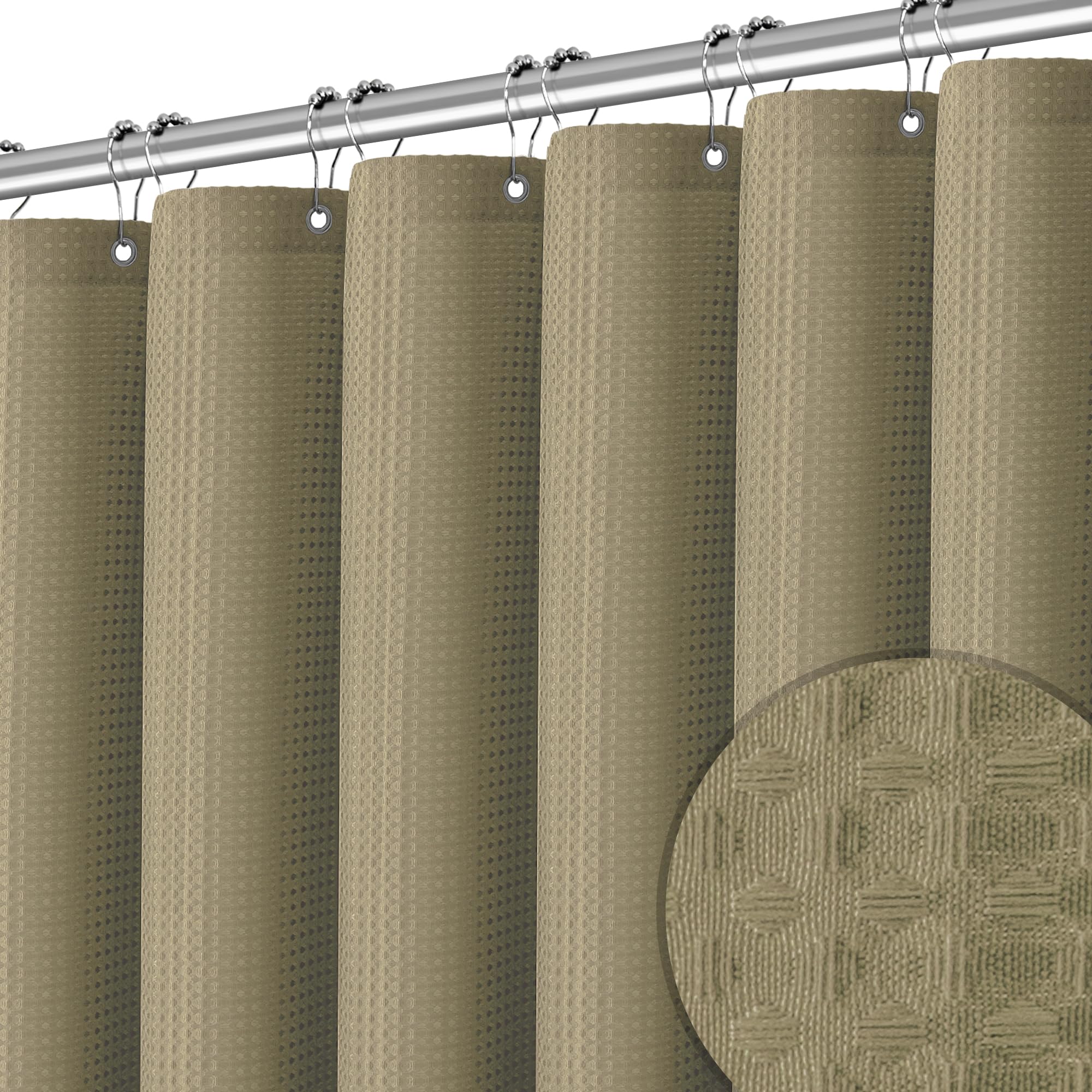 Pangsinne Shower Curtain Taupe Waffle Textured, 256Gsm Heavy Duty Weighted Fabric Shower Curtains, Hotel Quality Luxury Polyeste