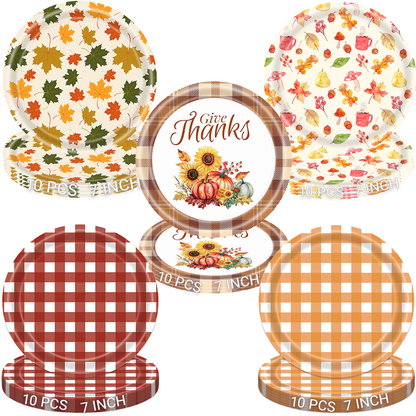 WRXVVTSV 50PCS Fall Paper Plates 7 Inch - Disposable Dessert Plates with 5 Autumn Designs, Thanksgiving & Friendsgiving Party Su