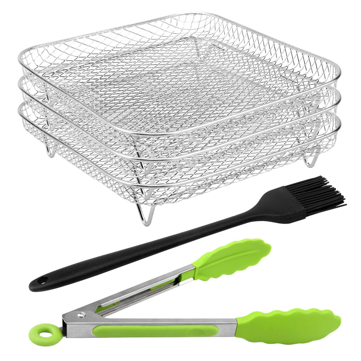 8'' Air Fryer Rack For Air Fryer, Stainless Steel Three-Layer Air Flow Rack With Rus-Tproof Oil Brush Food Clip,Air Fryer Access