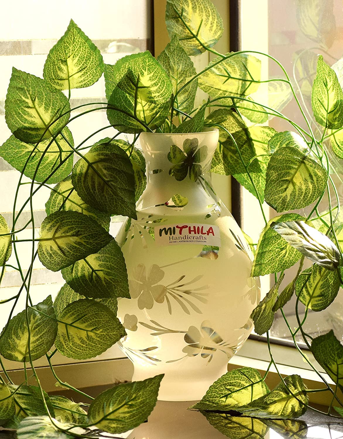 Mithila Handicrafts Flower Pot Glass Vase for Money & Bamboo Water Plants, Flowers - Elegant Frosted Printed Design Glass Pot Ho