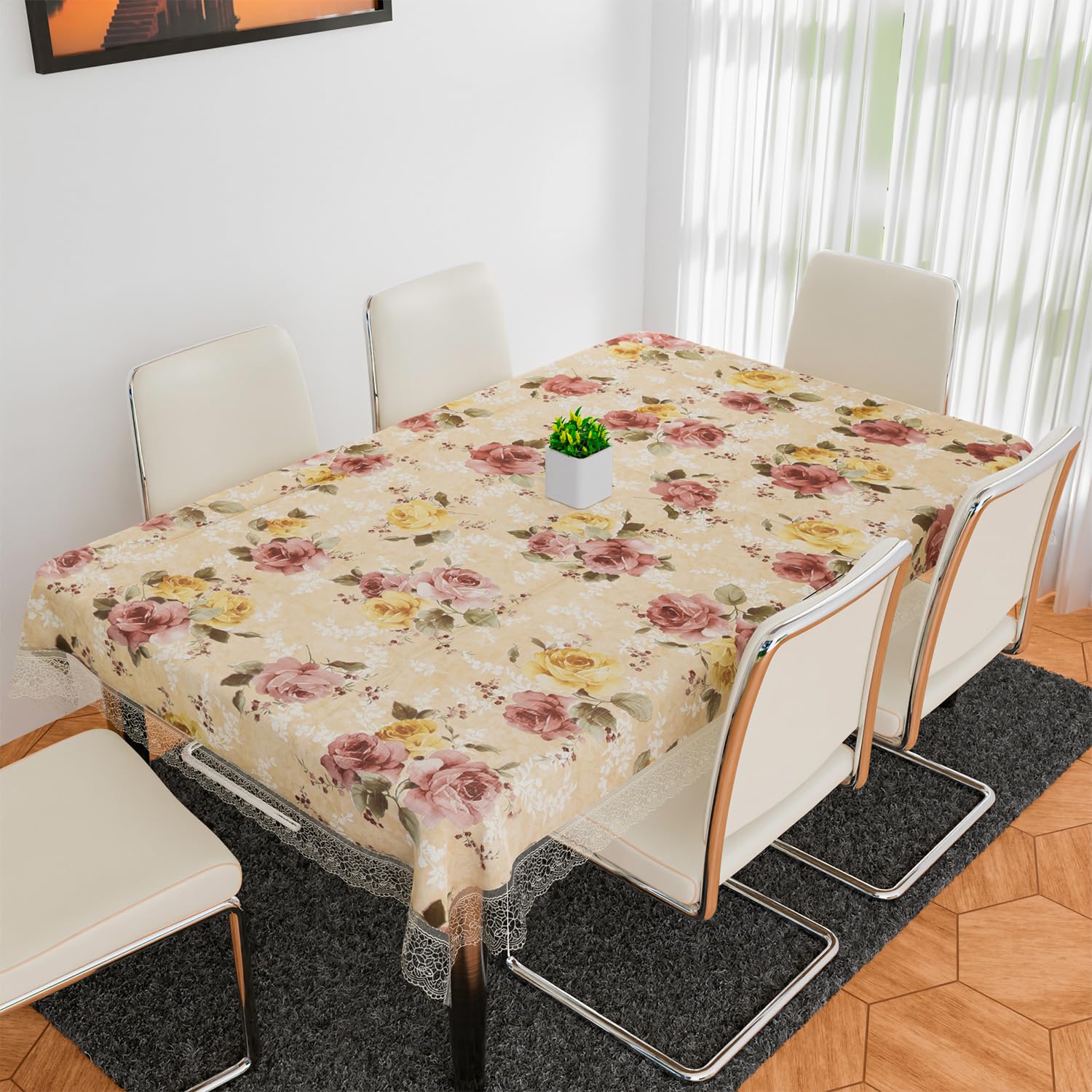 Kuber Industries PVC 60x90 Inch 6 Seater Table Cover Cloth | Multipurpose Dining Table Cover/Sheet for Party & Events | Flower P