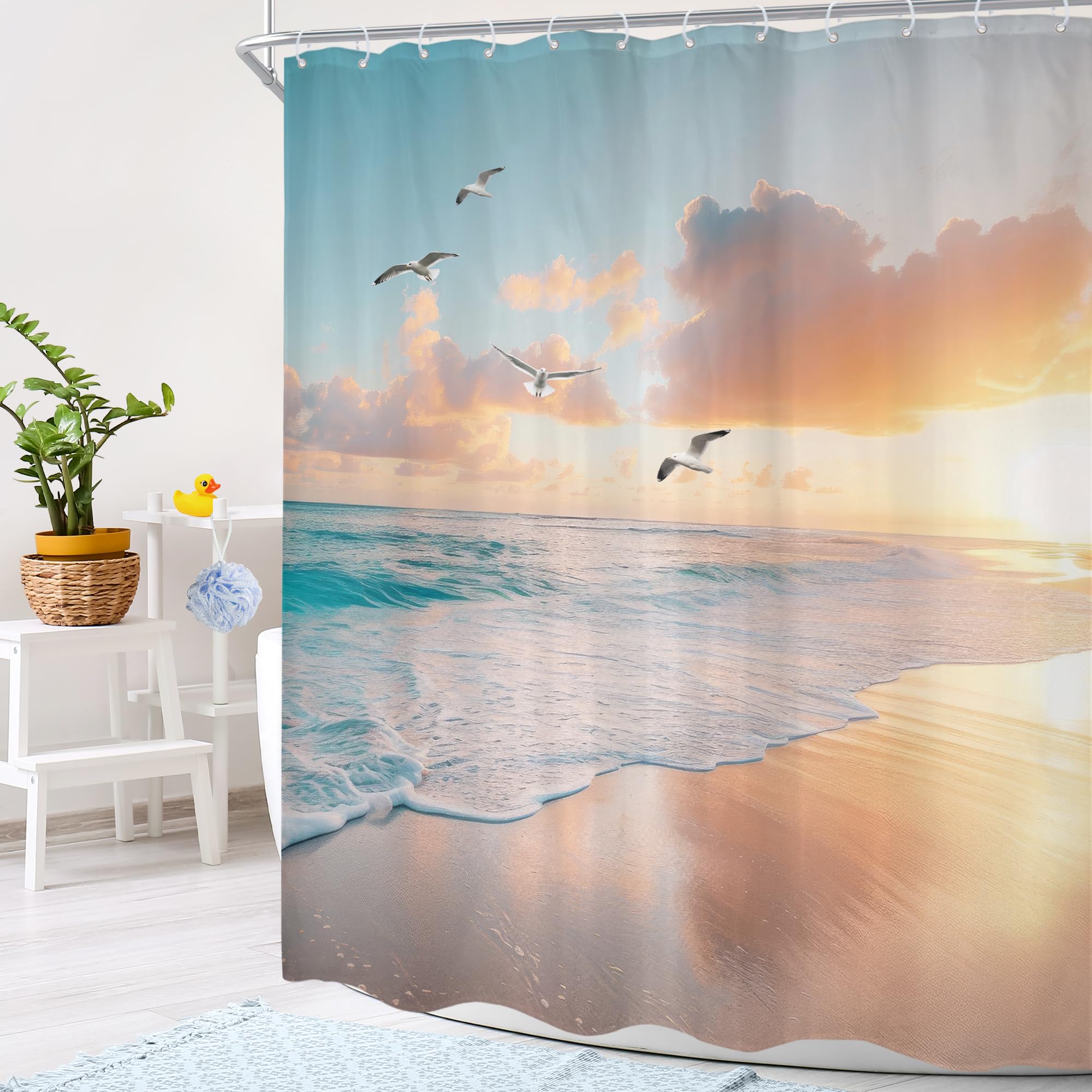 Cinbloo Beach Shower Curtain 60Wx72H Pink Blue Summer Ocean Coastal Sunset Sunrise Hawaii Tropical Bathroom Curtain Seaside Bird