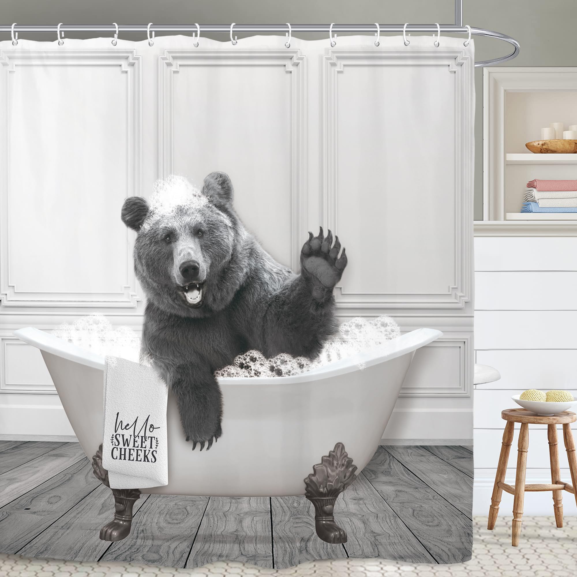 Yookeb Funny Bear Bathroom Shower Curtain 71W By 71H Inch Animal Farmhouse Cabin Hello Sweet Cheeks Rustic Polyester Fabric 12 P