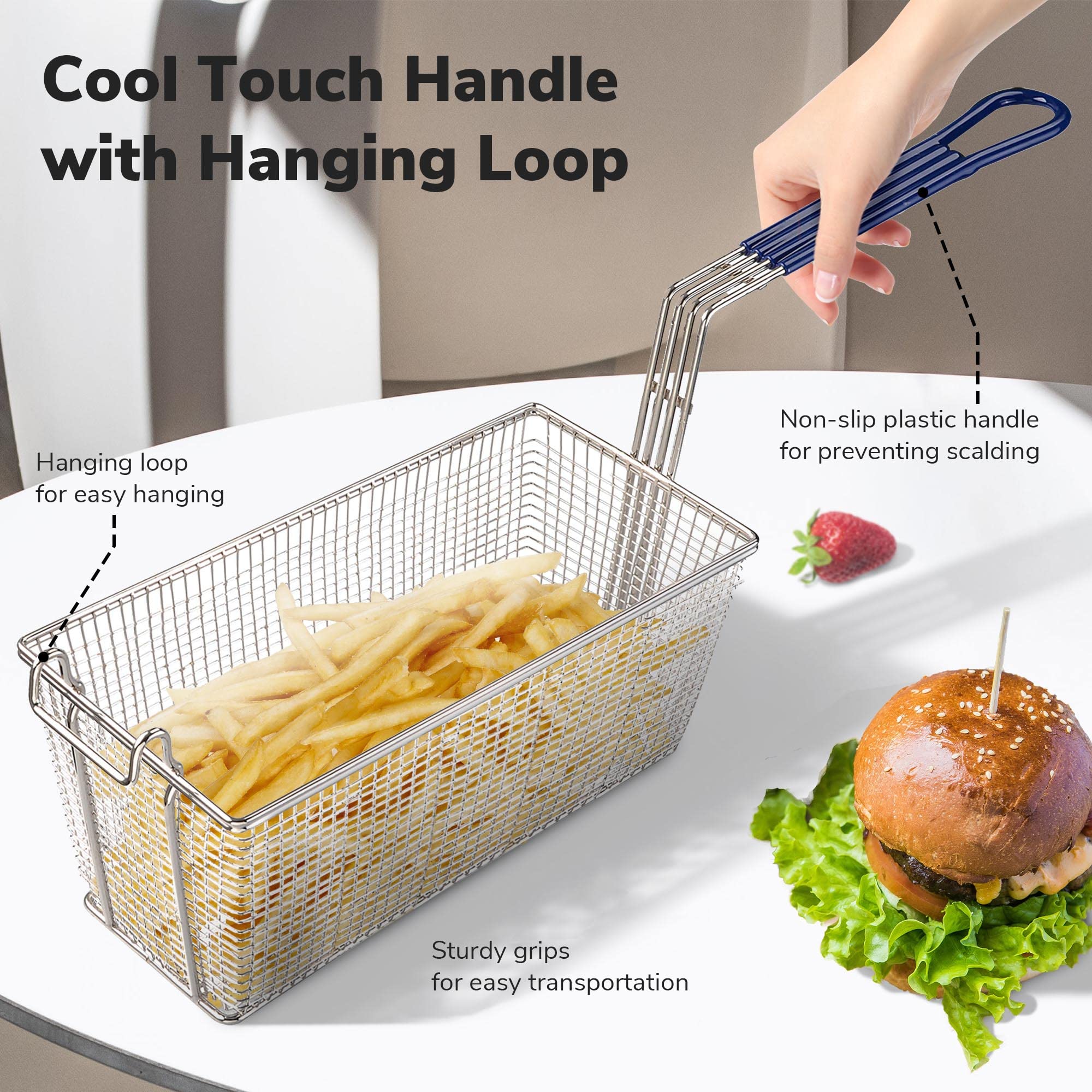 2Pcs Deep Fryer Basket With Non-Slip Handle Heavy Duty Nickel Plated Iron Construction 13 1/4'' X 6 1/2'' X 6'' Commercial Use