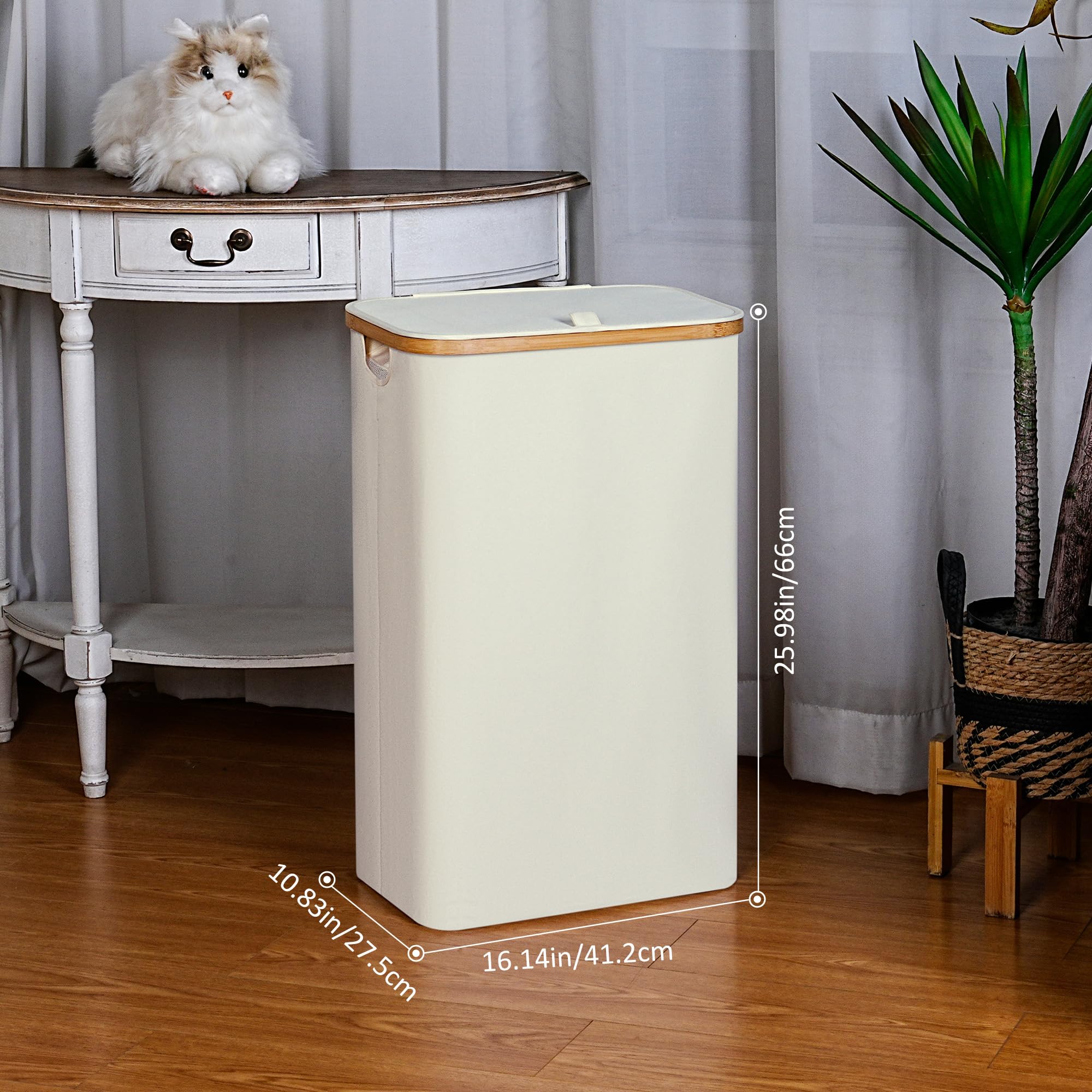 Iegrow Slim Laundry Hamper,75L Beige Narrow Laundry Basket With Lid,Foldable Clothes Hamper With Bamboo Handles,Hamper Basket Wi