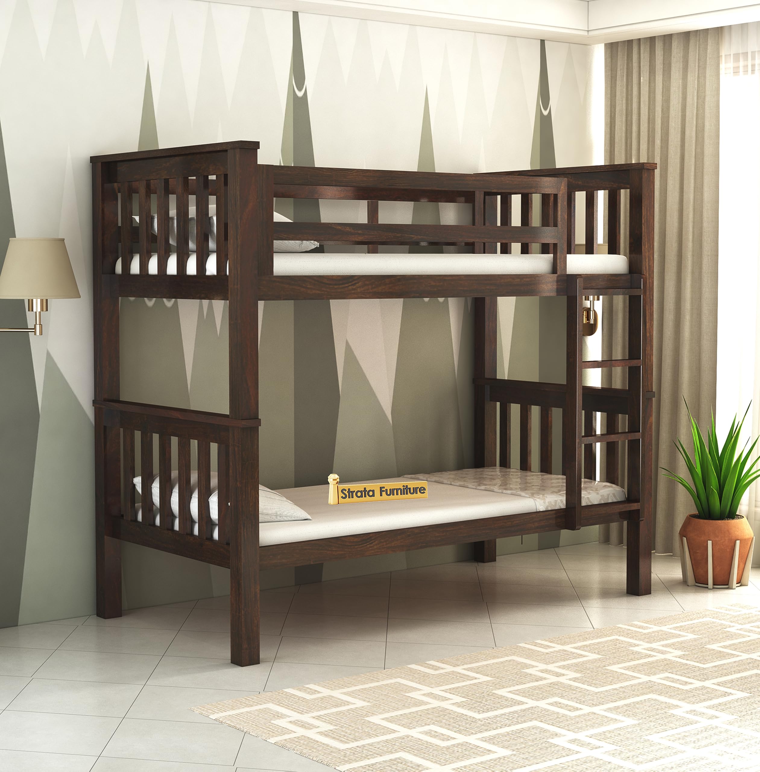 Strata Furniture Sheesham Wood Bunk Bed Without Storage Wooden Double Bed Furniture For Bedroom Home (Walnut Finish)