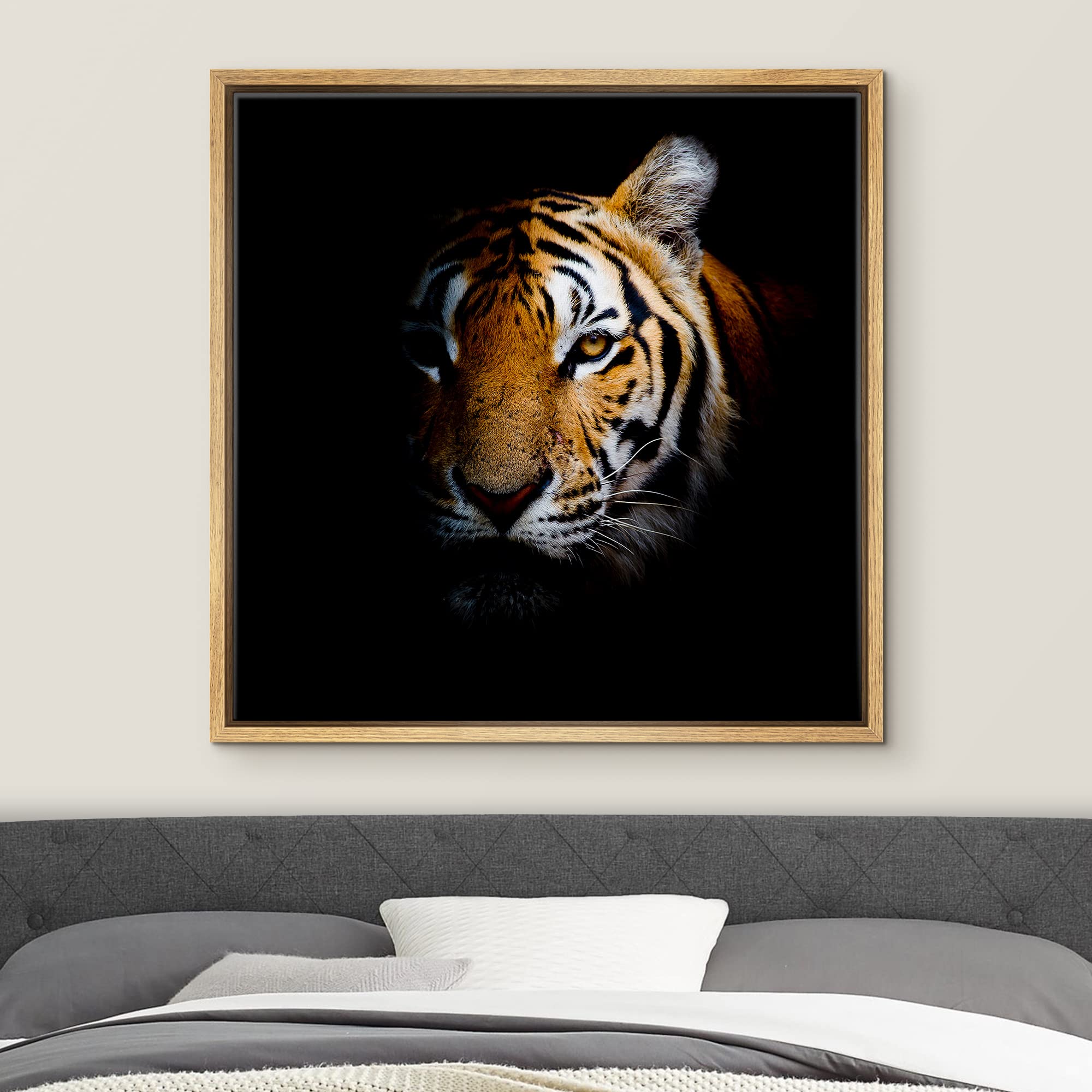 Framed Canvas Prints Wall Art - Tiger Head In Dark | Modern Home Deoration/Wall Art Giclee Printing Wrapped Framed Canvas Art Re