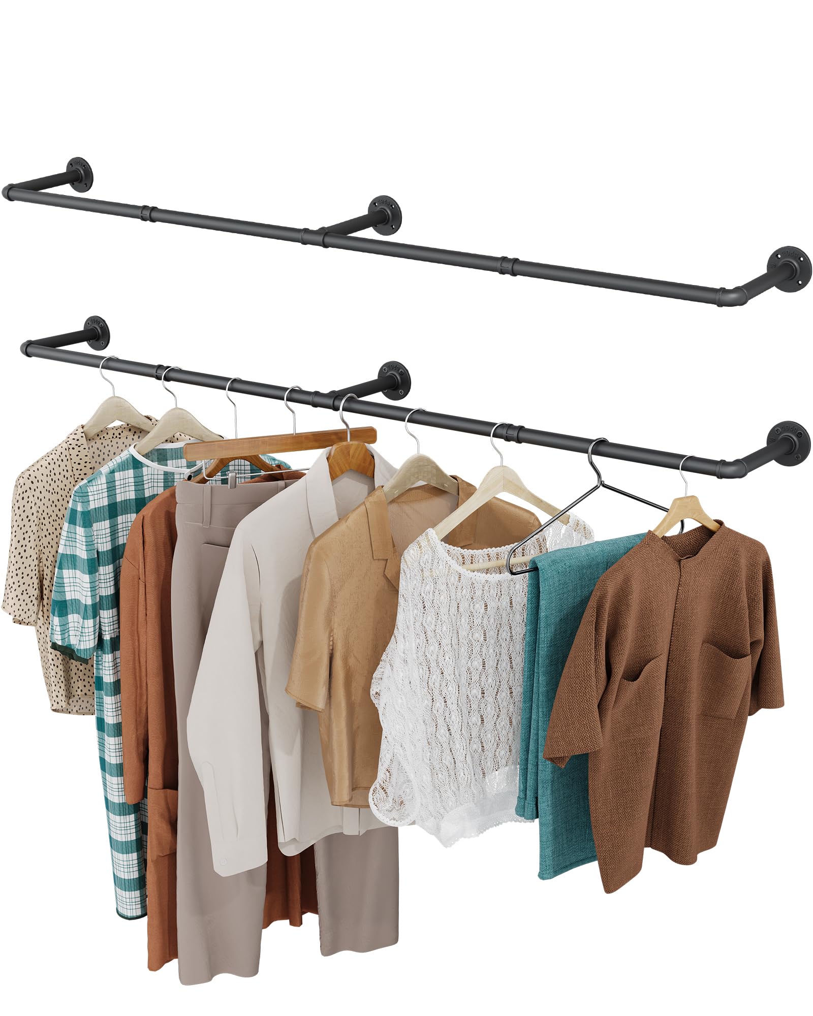 Oropy Clothes Rack, 65.7'' Industrial Pipe Clothing Rack 2 Pack For Clothes, Wall Mounted Heavy Duty Space Saving Garment Rack F